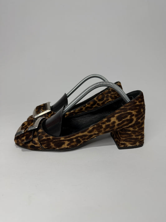 Prada Leopard Print Calf Hair Block Heel Pumps Buckle Square Toe Women’s EU 35 Made in Italy
