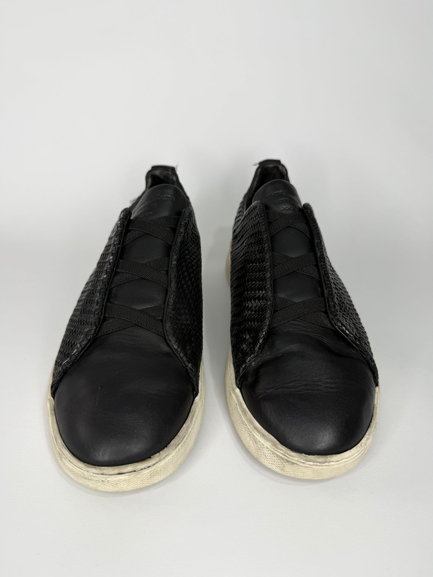 Ermenegildo Zegna Couture Black Woven Leather Pelle Tessuta Slip On Sneakers Size 8 UK/ 9 US