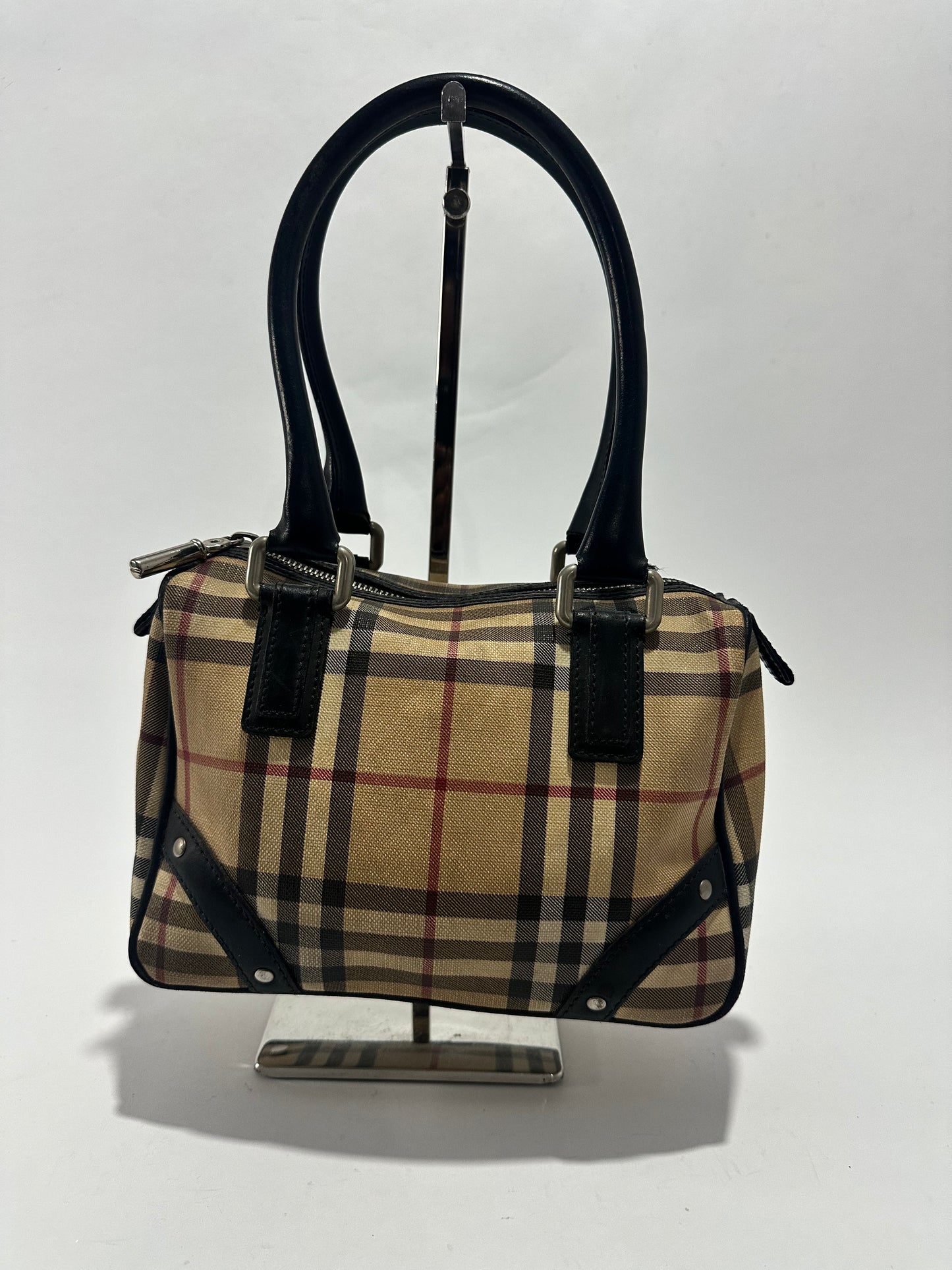 BURBERRY
Beige Nova Check Coated Canvas Small Top Handle Bowling Bag