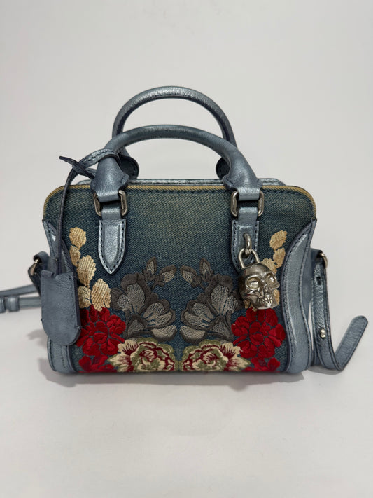 ALEXANDER MCQUEEN
Denim Floral Embroidered Small Skull Padlock Zip Around Tote Blue Multicolor