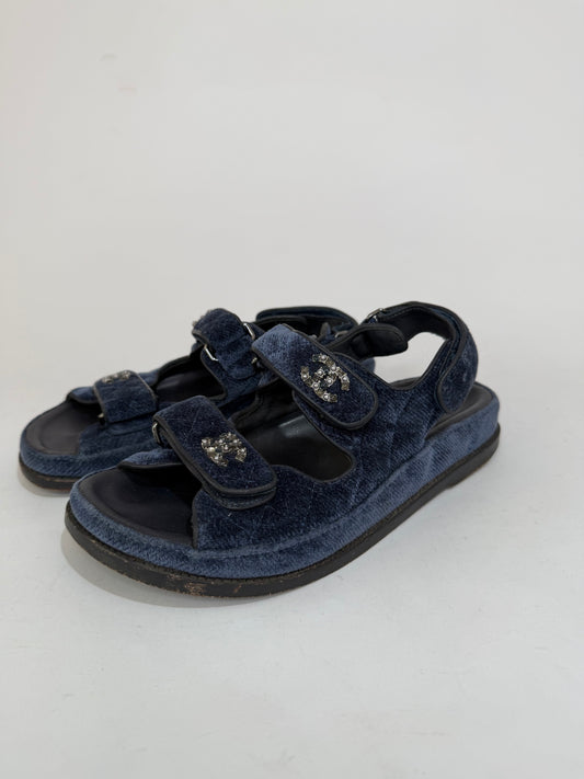 CHANEL
Velvet Quilted Velcro Dad Sandals 38 EU/ 8 US Blue