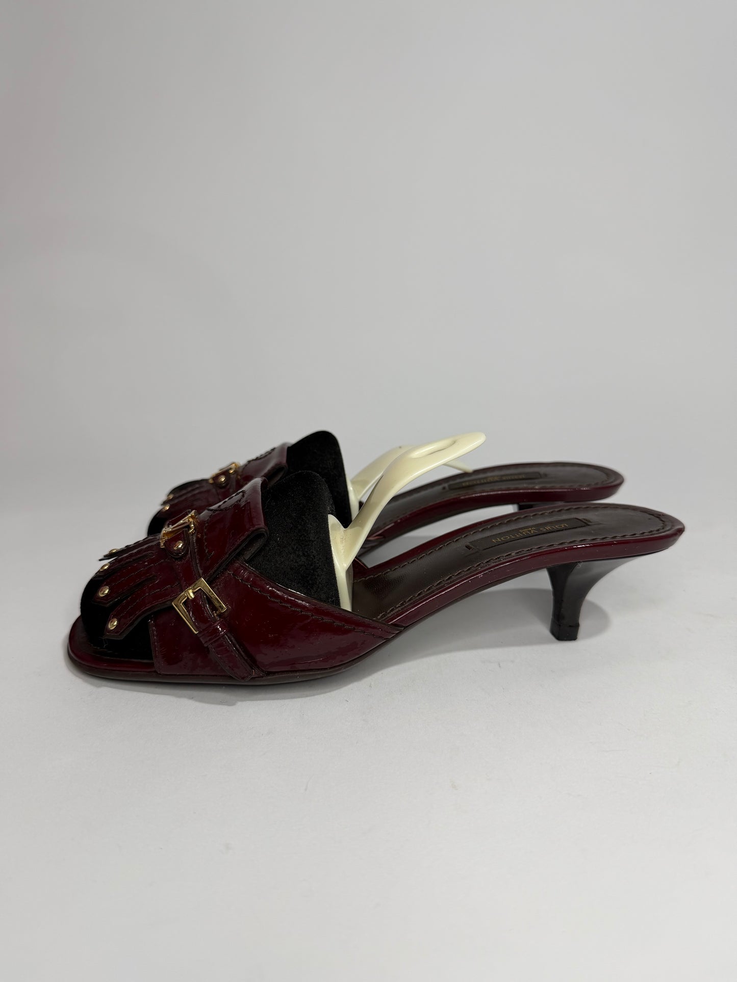 Louis Vuitton Patent Leather Fringe Mule Heels – Burgundy / Bordeaux with Gold LV Hardware