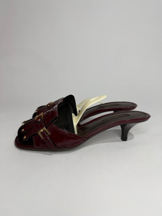 Louis Vuitton Patent Leather Fringe Mule Heels – Burgundy / Bordeaux with Gold LV Hardware