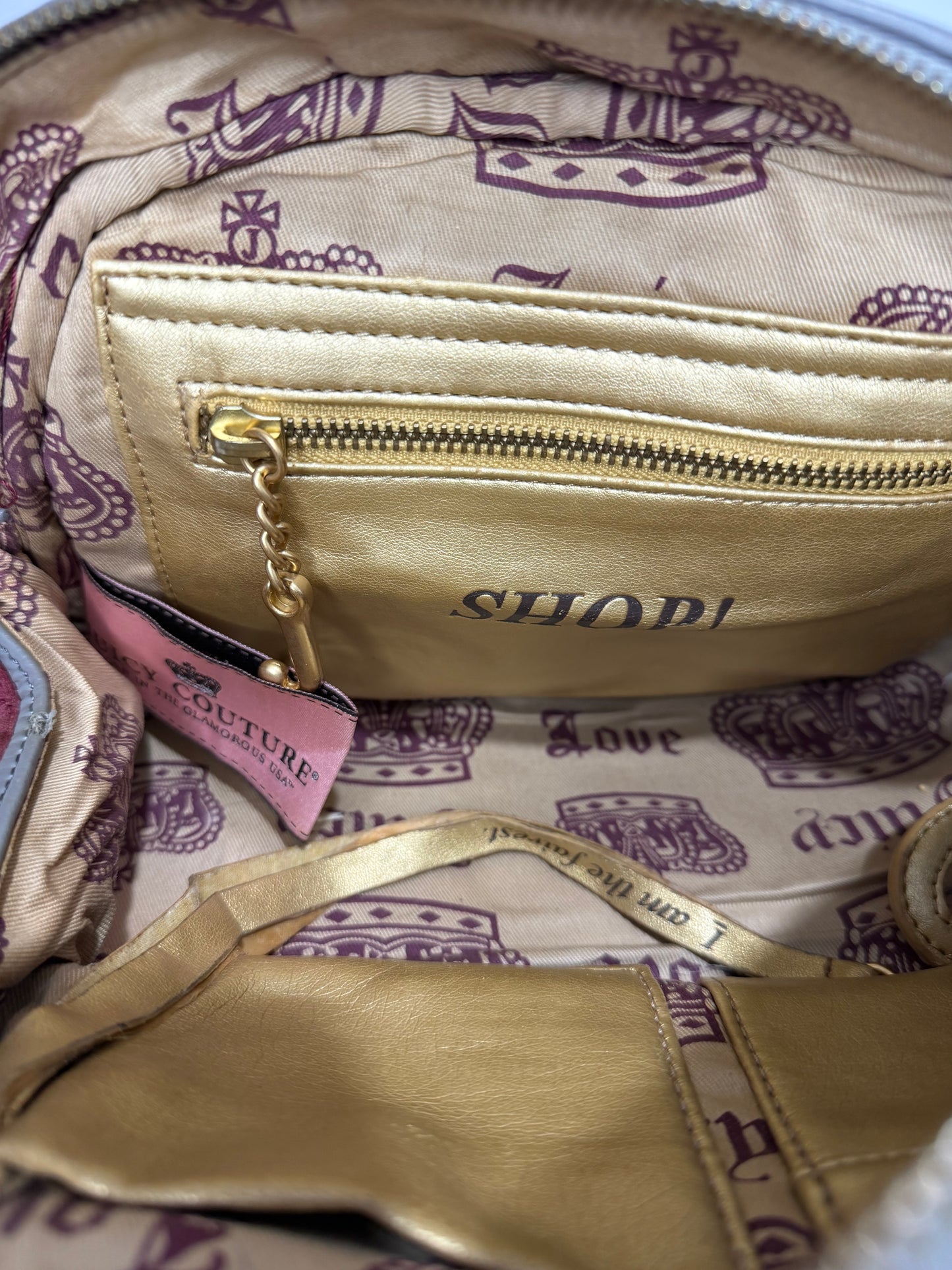 Juicy Couture Burgundy Velour Bowler Satchel Bag with Grey Leather Trim