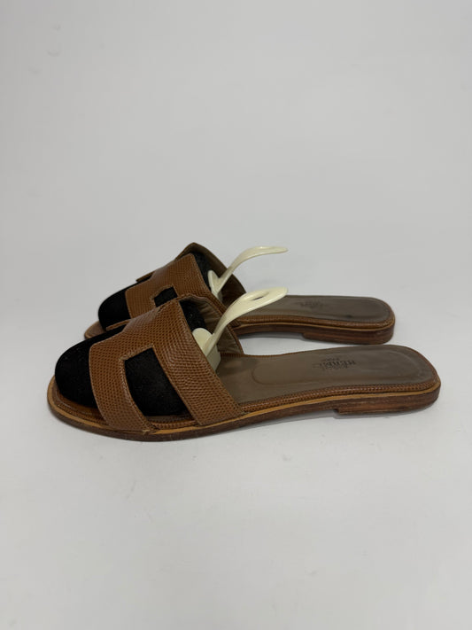 Hermes Oran Brown iguana lizard Leather Sandals Size 39 EU/ 9 US/ 6 UK