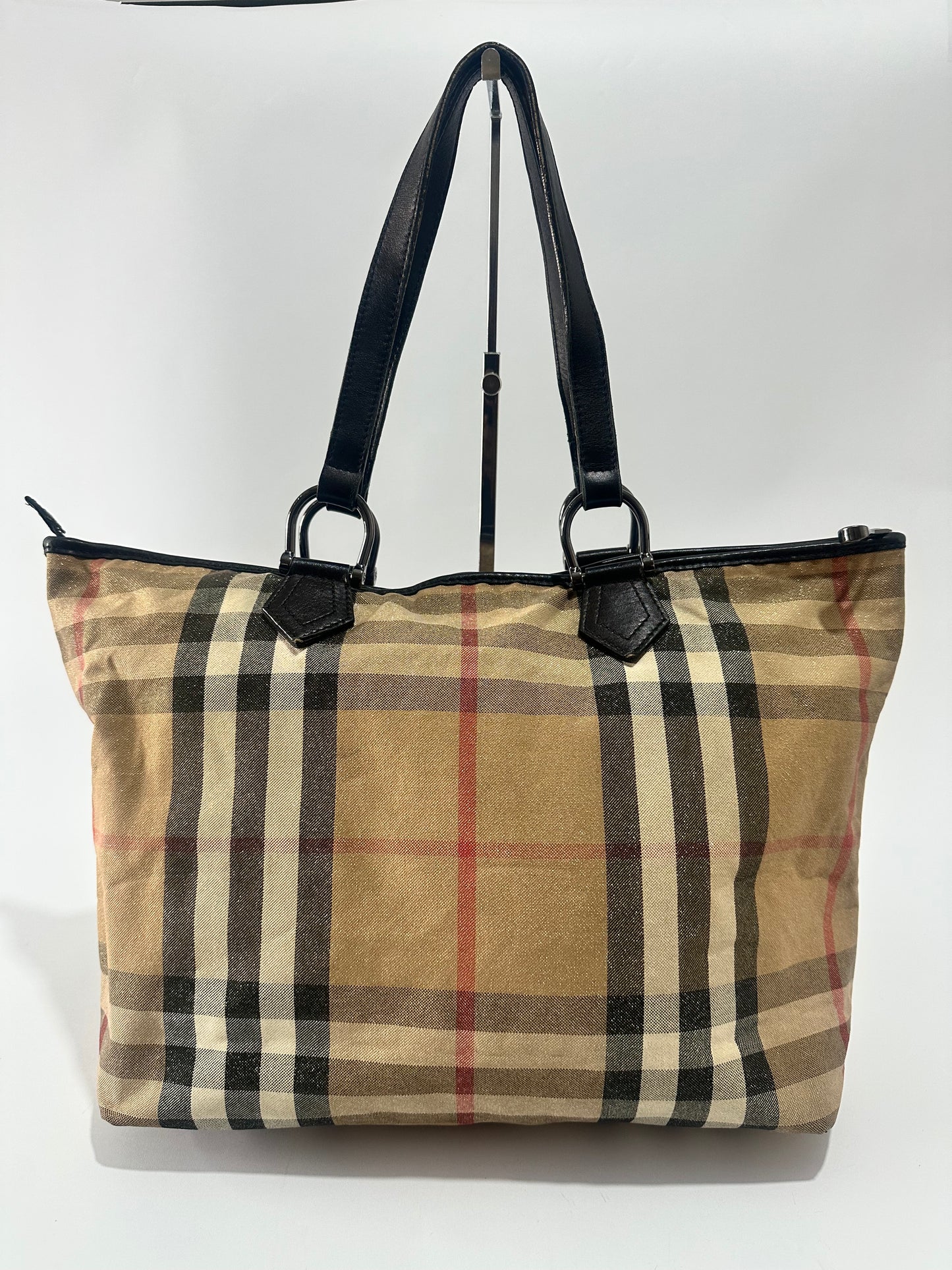 Burberry Black/Beige Shimmery Nova Check Canvas and Leather Trim Tote