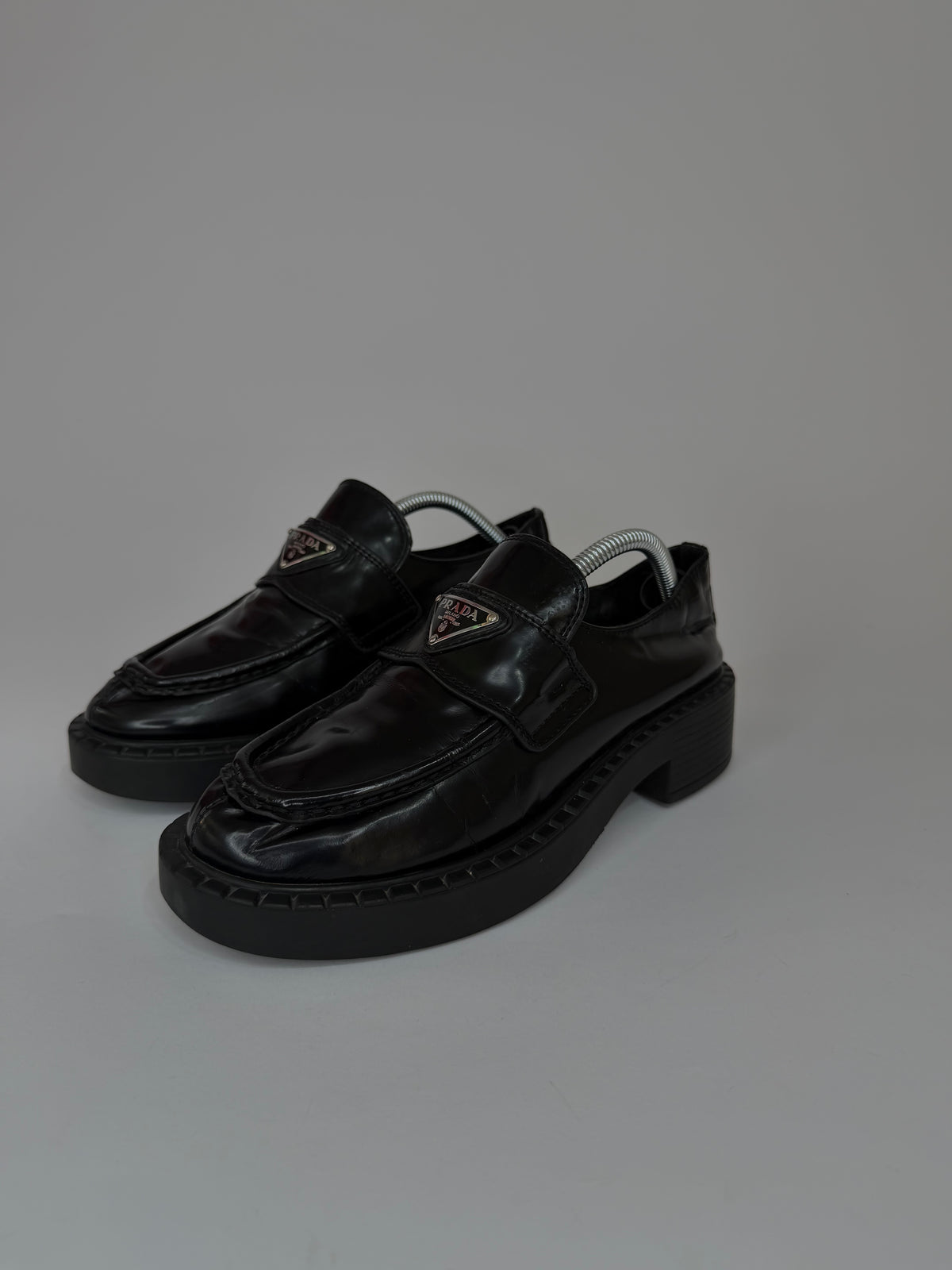 PRADA Vernice Metal Triangle Logo 50mm Loafers Size 37 EU/7 US/ 4 UK