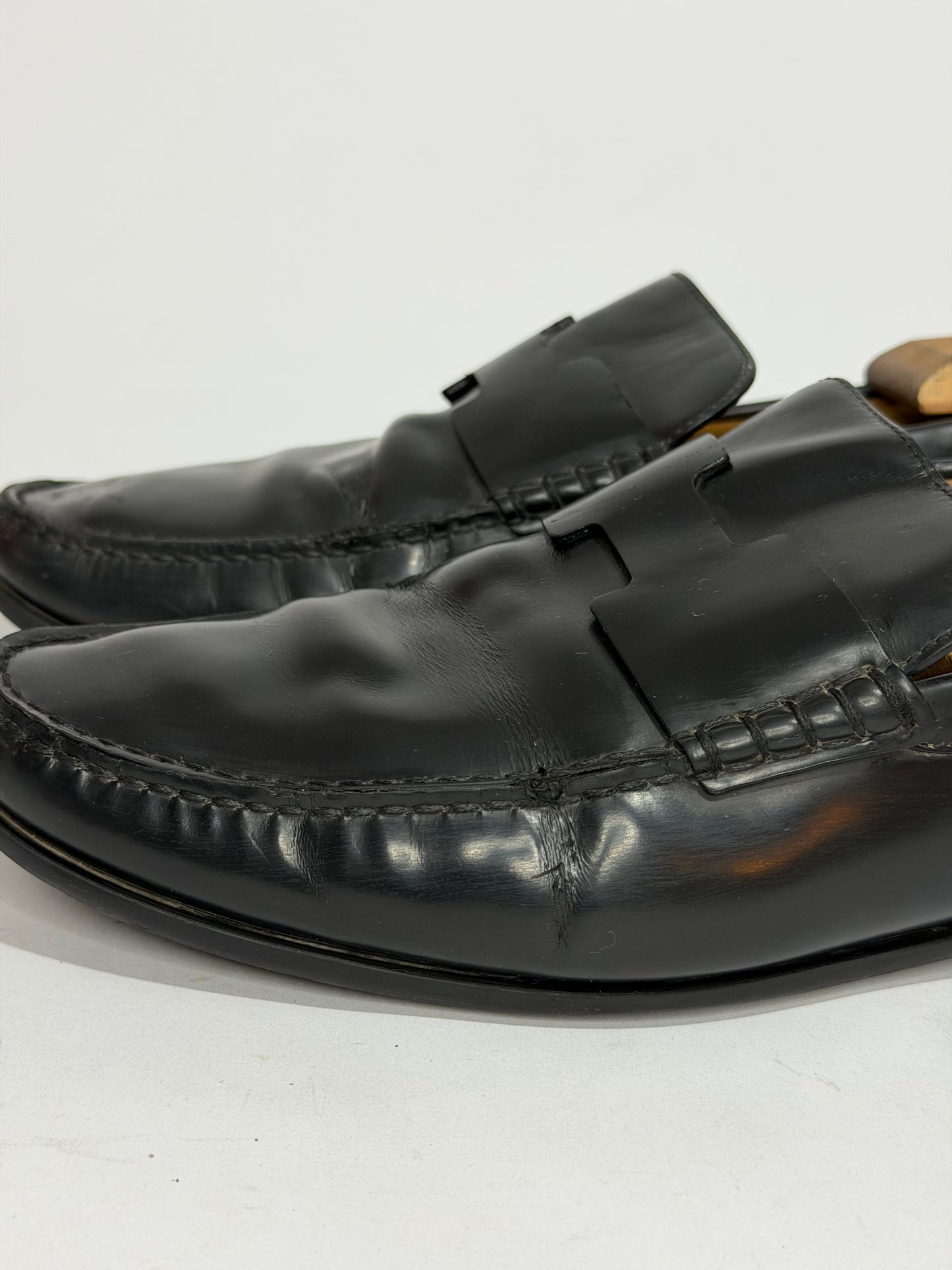 HERMES Black Leather Slip On Kennedy Loafers Size 42 EU/ 9 US/ 8 UK