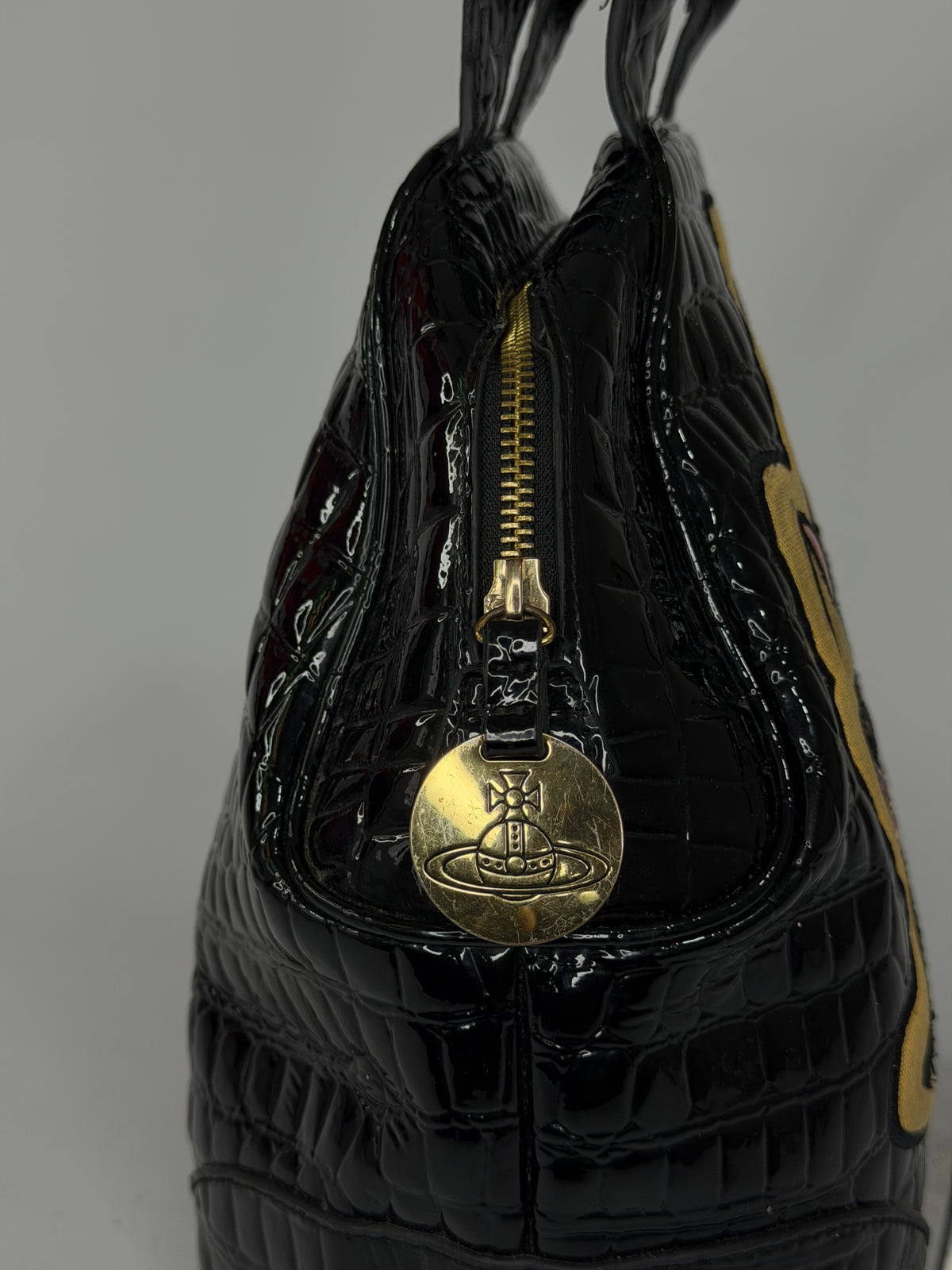 Vivienne Westwood Black Patent Croc-Embossed Orb Appliqué Handbag