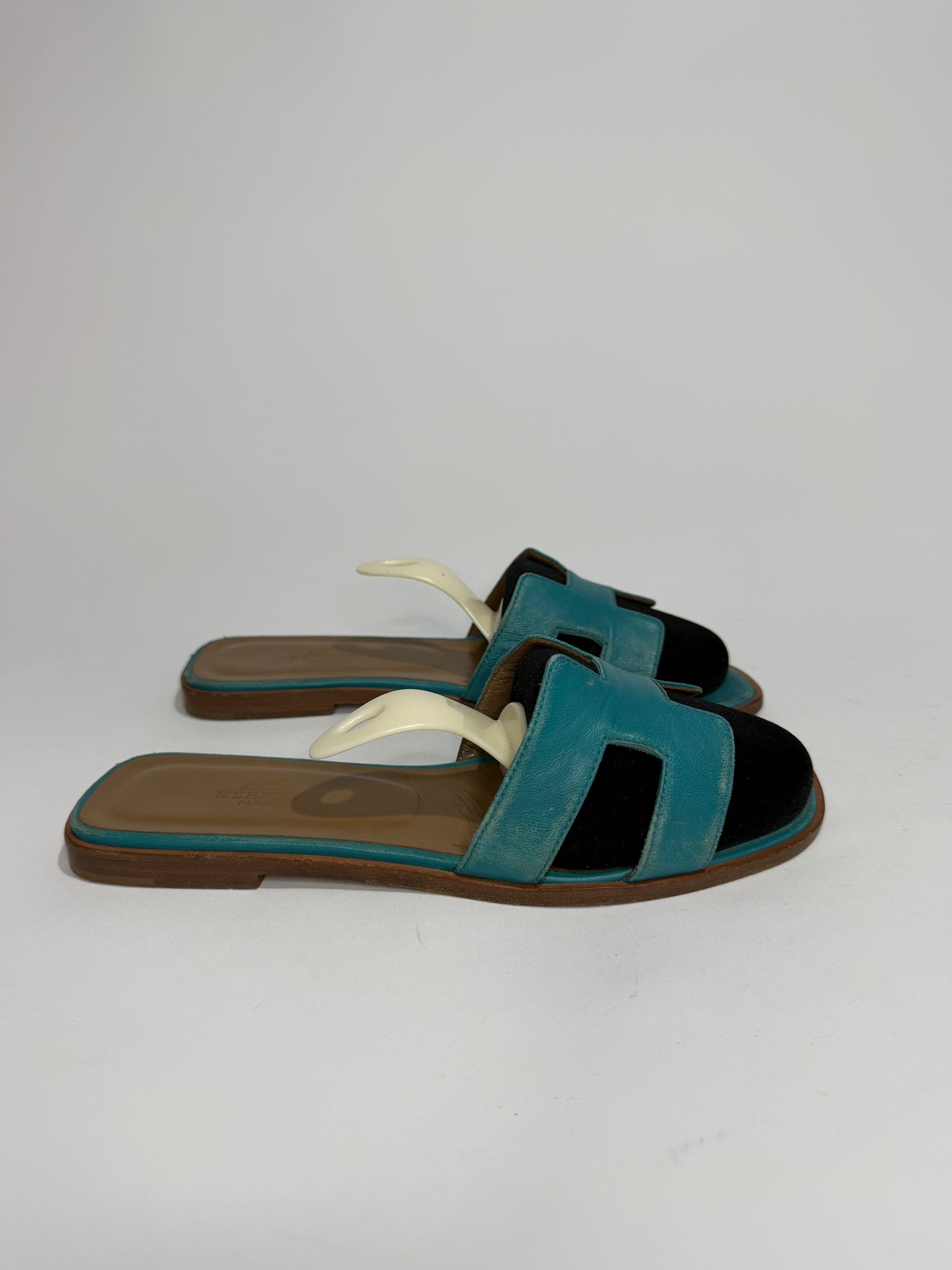 Hermès Oran H Cutout Slide Sandals Turquoise & Brown Leather Size 38.5 EU