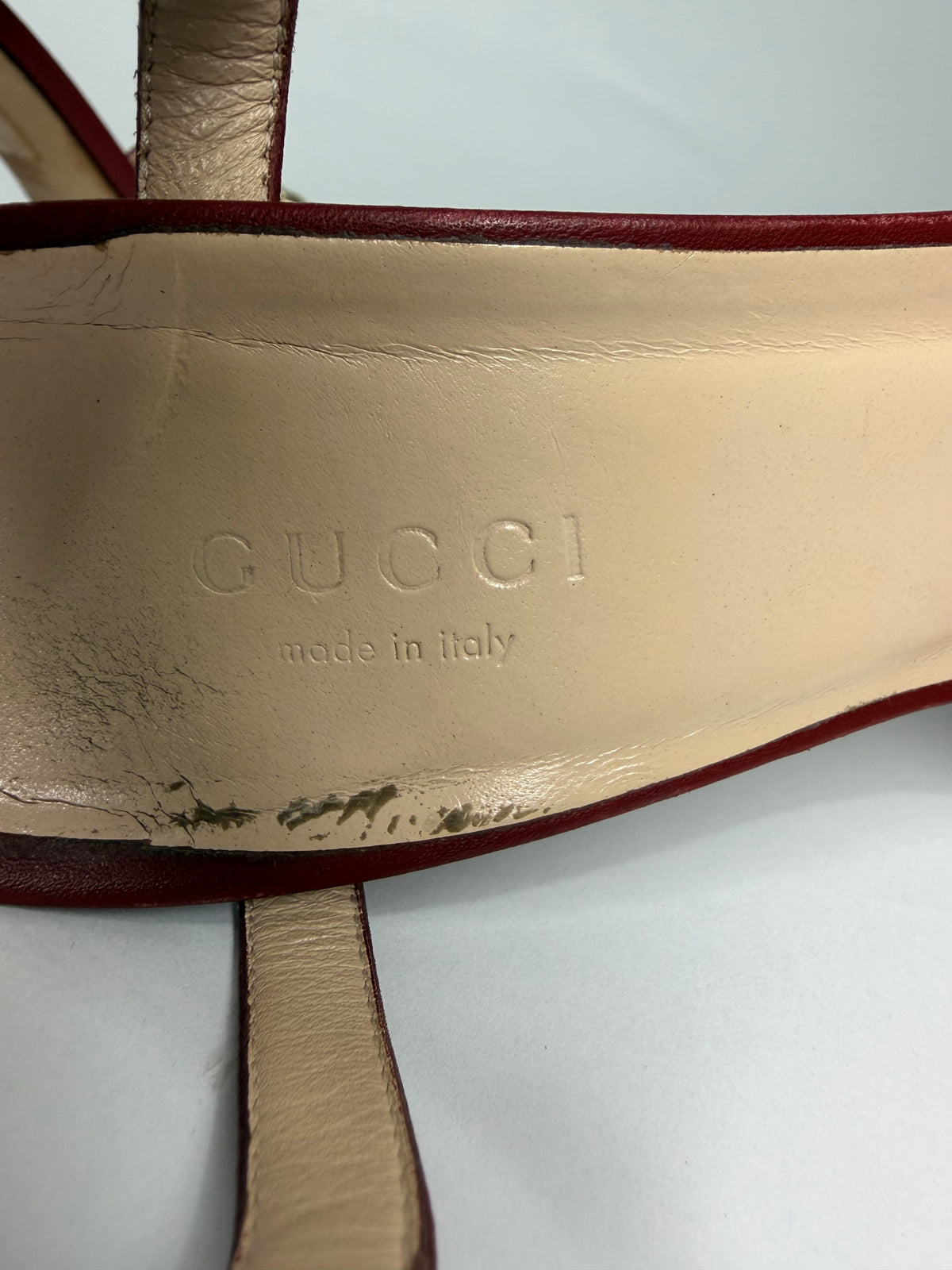 Gucci Red Leather Horsebit Open Toe Block Heel Ankle Strap Sandals Size 36.5 EU