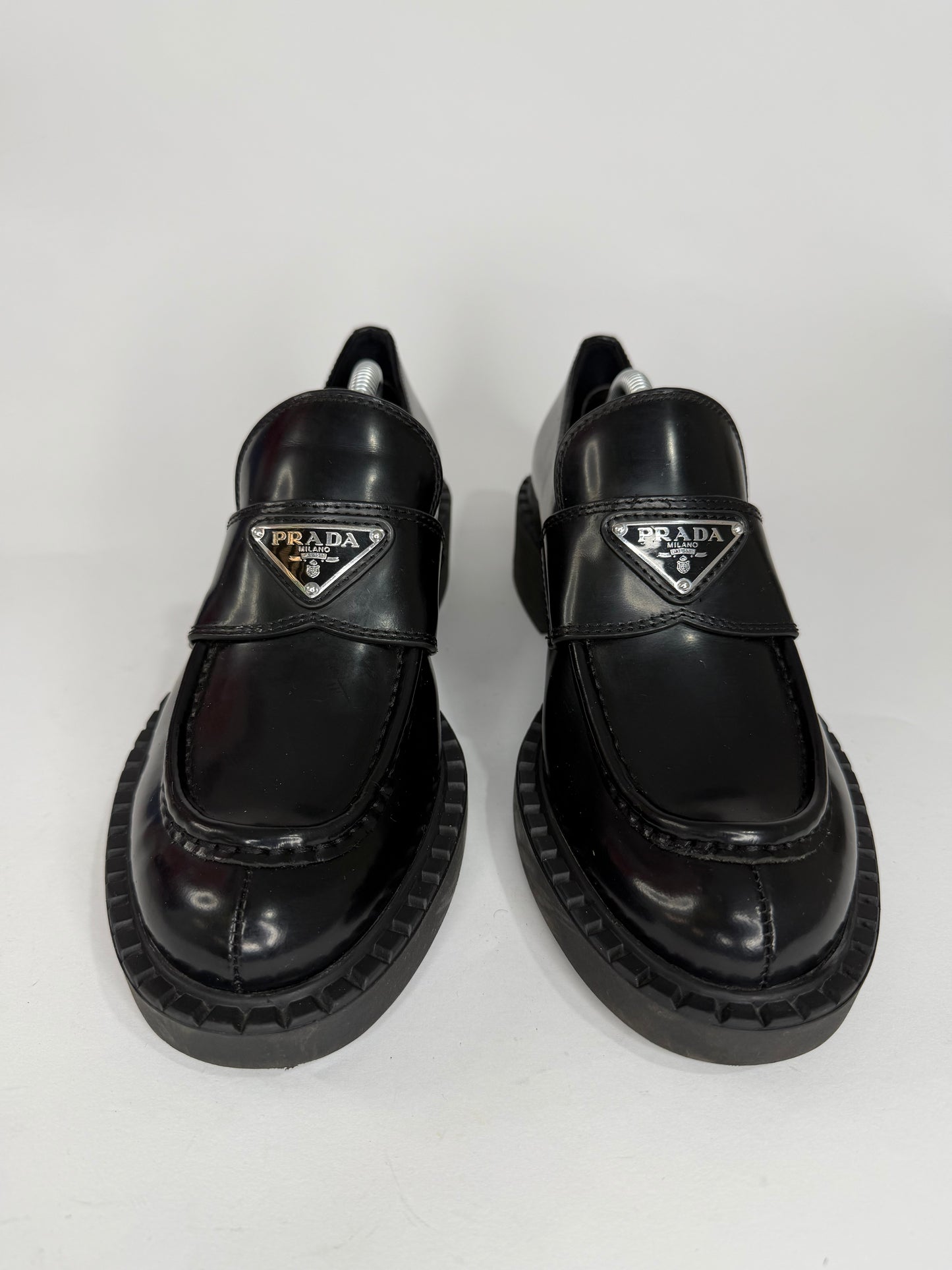 PRADA Vernice Metal Triangle Logo 50mm Loafers Size 37 EU/7 US/ 4 UK