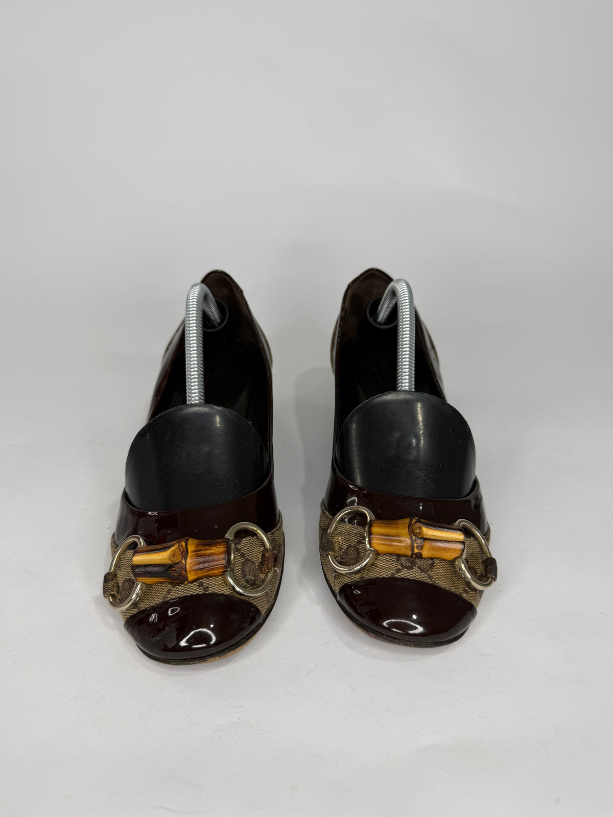 Gucci Brown GG Crystal Canvas and Leather Bamboo Horsebit Block Heel Pumps Size 37 EU/ 7 US / 4 UK