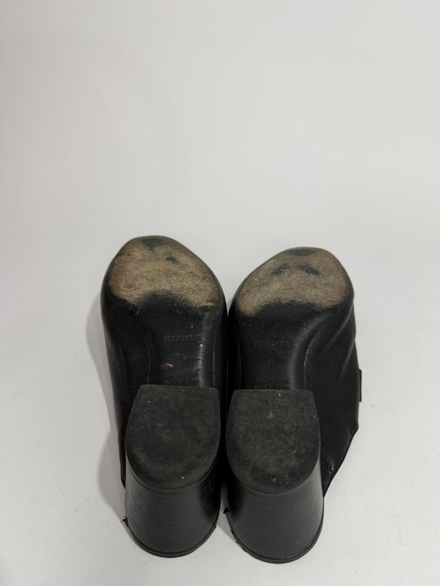 Hermes Black Leather Paradis Block Heel Mule Sandals Size 40