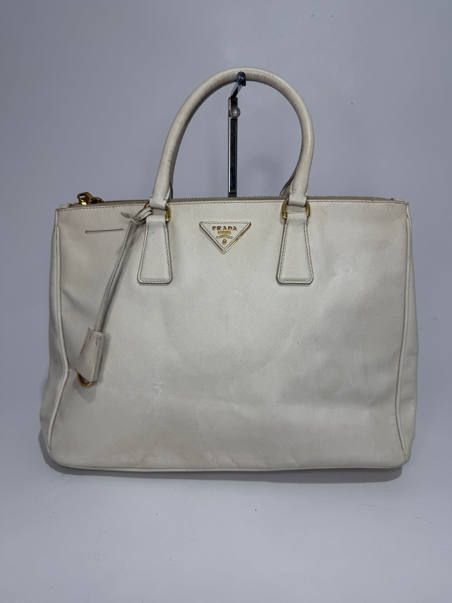 PRADA Grey Saffiano Lux Leather Large Double Zip Tote