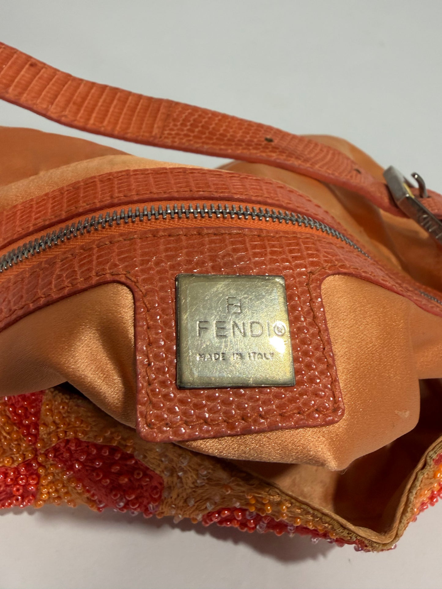 FENDI BEADED SWIRL SHOULDER BAGUETTE BAG IN ORANGE