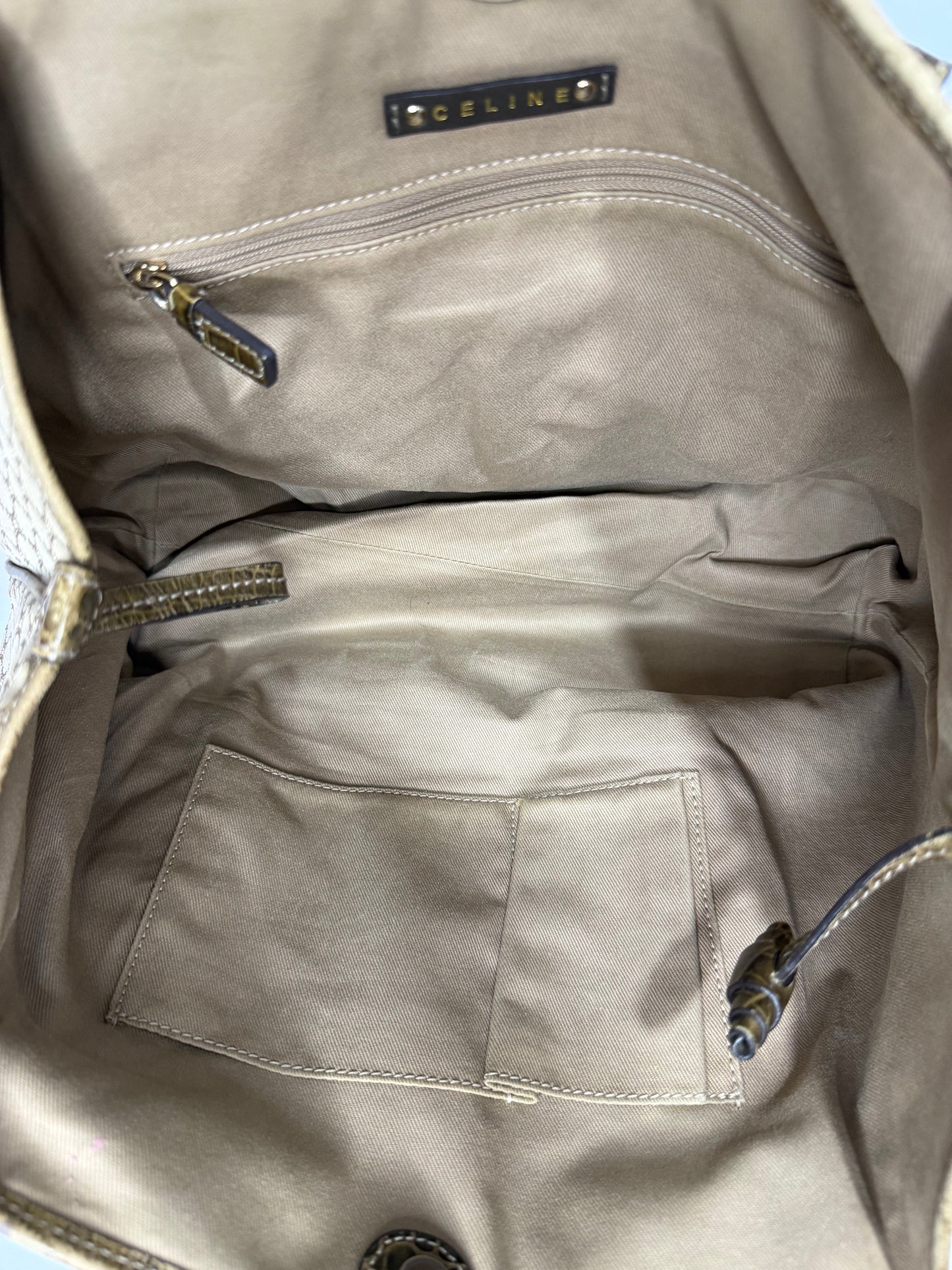 Celine Beige/Brown Macadam Canvas And Croc Embossed Tote