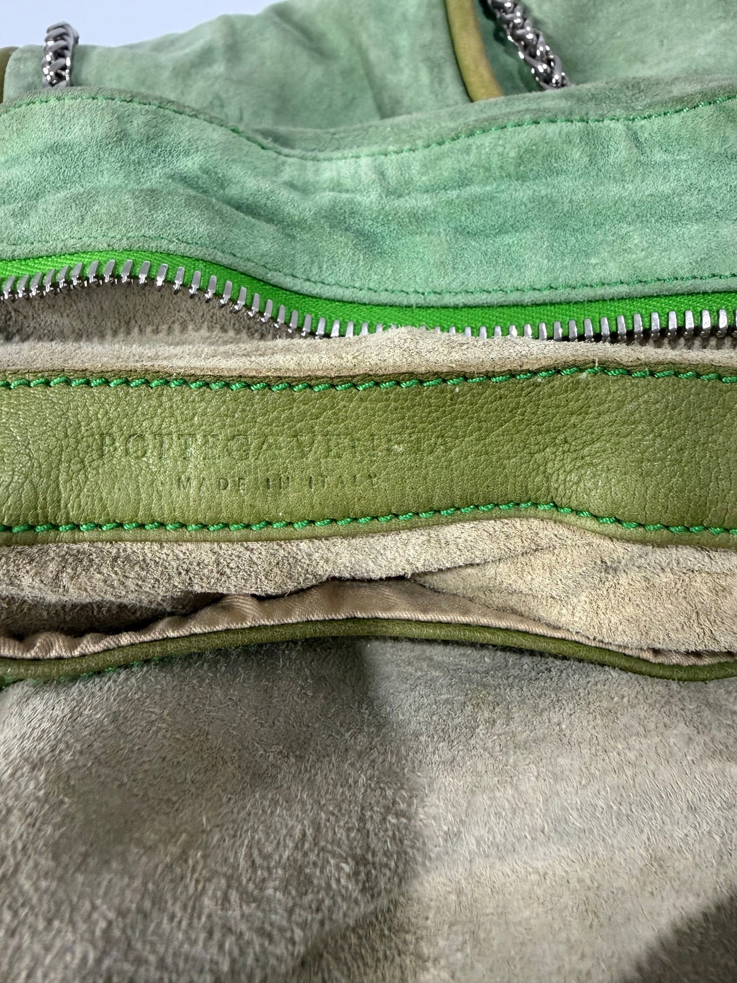 Bottega Veneta Green Suede Chain Shoulder Bag with Oversized Grommets