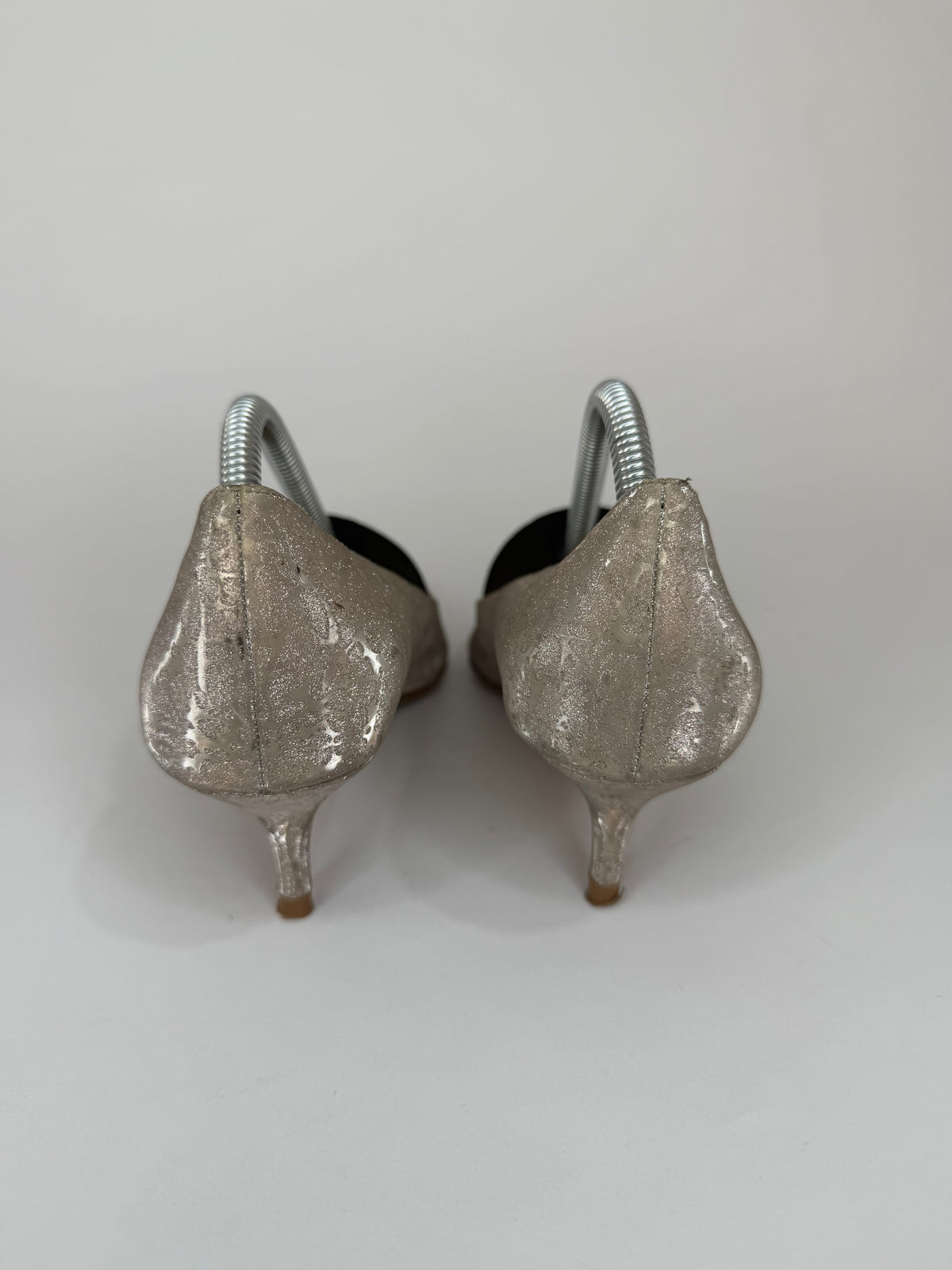 Miu Miu Metallic Silver Beige Pointed Toe Kitten Heel Pumps Size 36 EU/ 6 US/ 3 UK