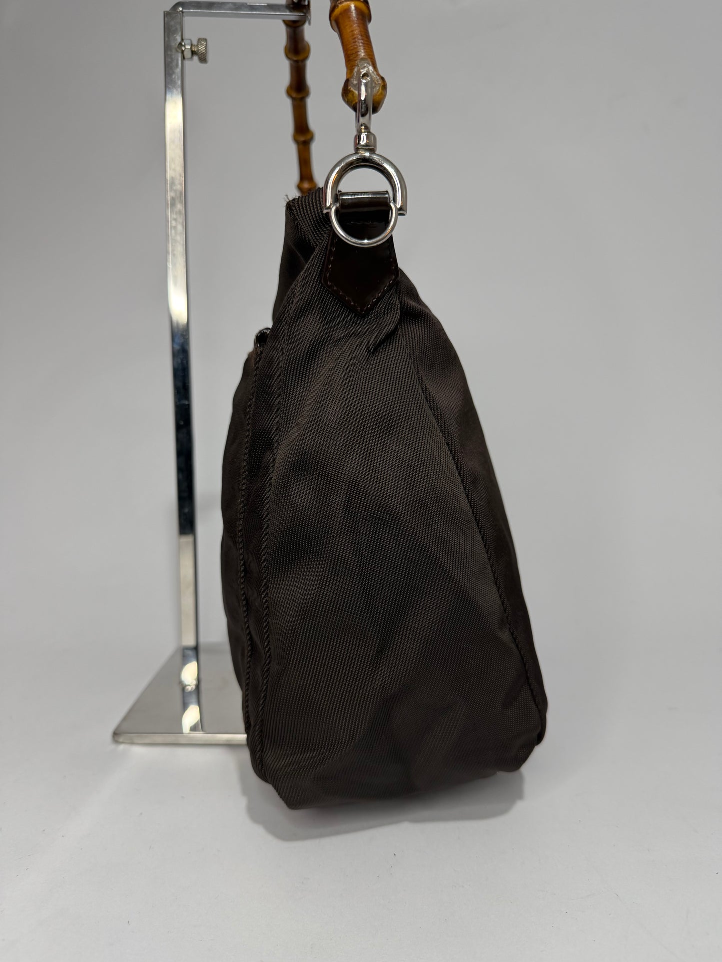 Gucci Brown Nylon and Leather Bamboo Shoulder Bag