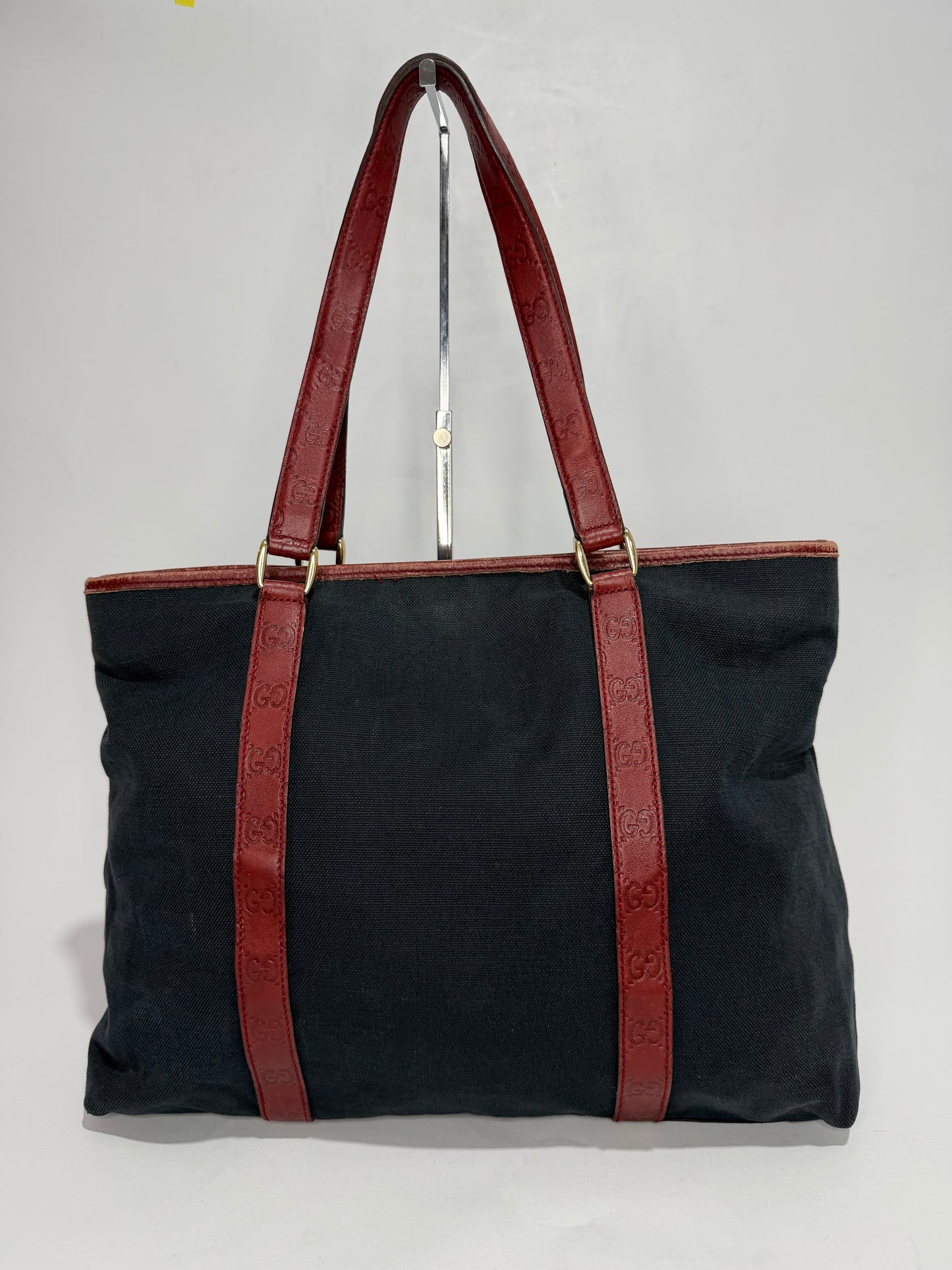 Vintage Gucci Canvas Tote Bag with Red GG Embossed Leather Straps