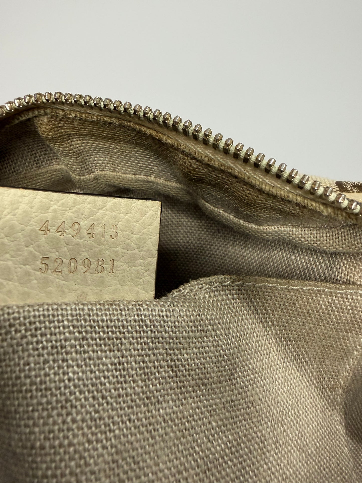 GUCCI
Monogram Dollar Calfskin Mini Bree Messenger Bag Beige Ebony Avoire
