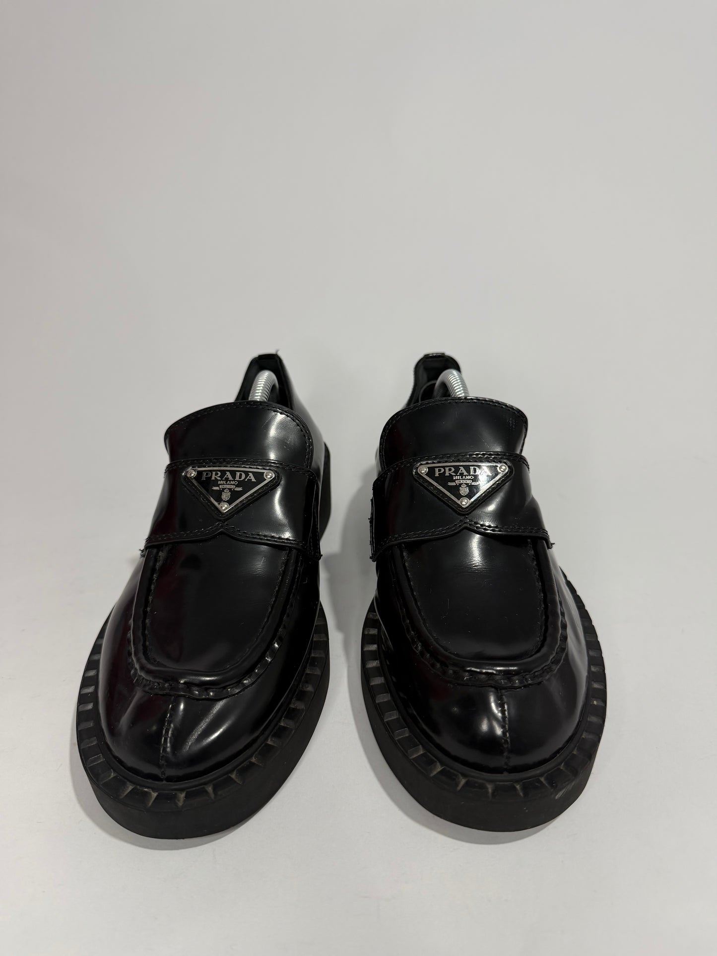 PRADA Vernice Metal Triangle Logo 50mm Loafers Size 37 EU/7 US/ 4 UK