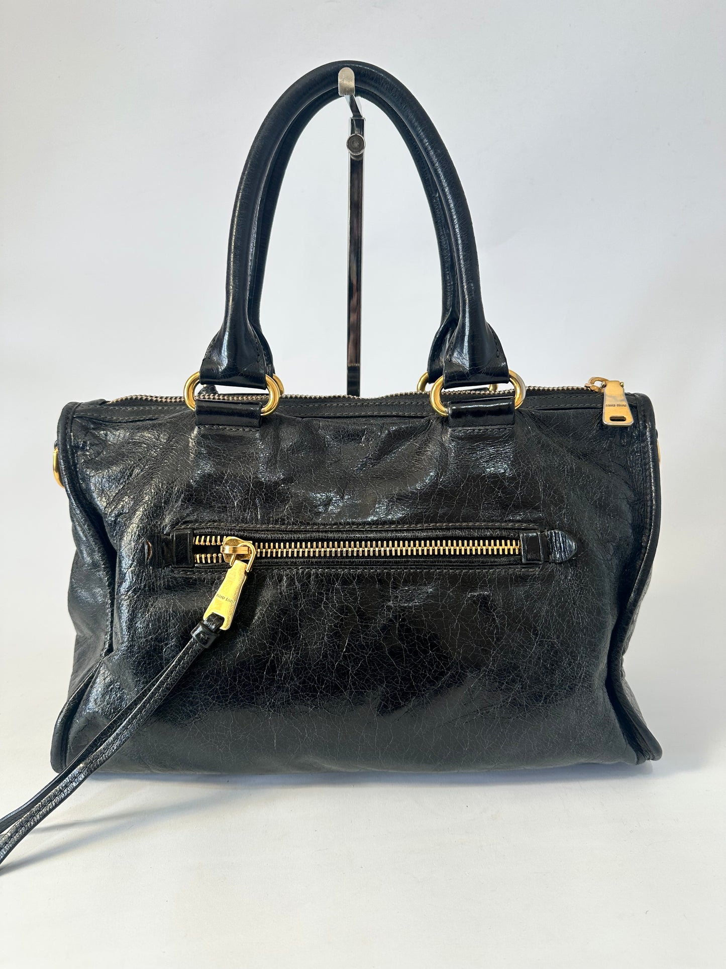 Miu Miu Black Vitello Shine Leather Bauletto Satchel
