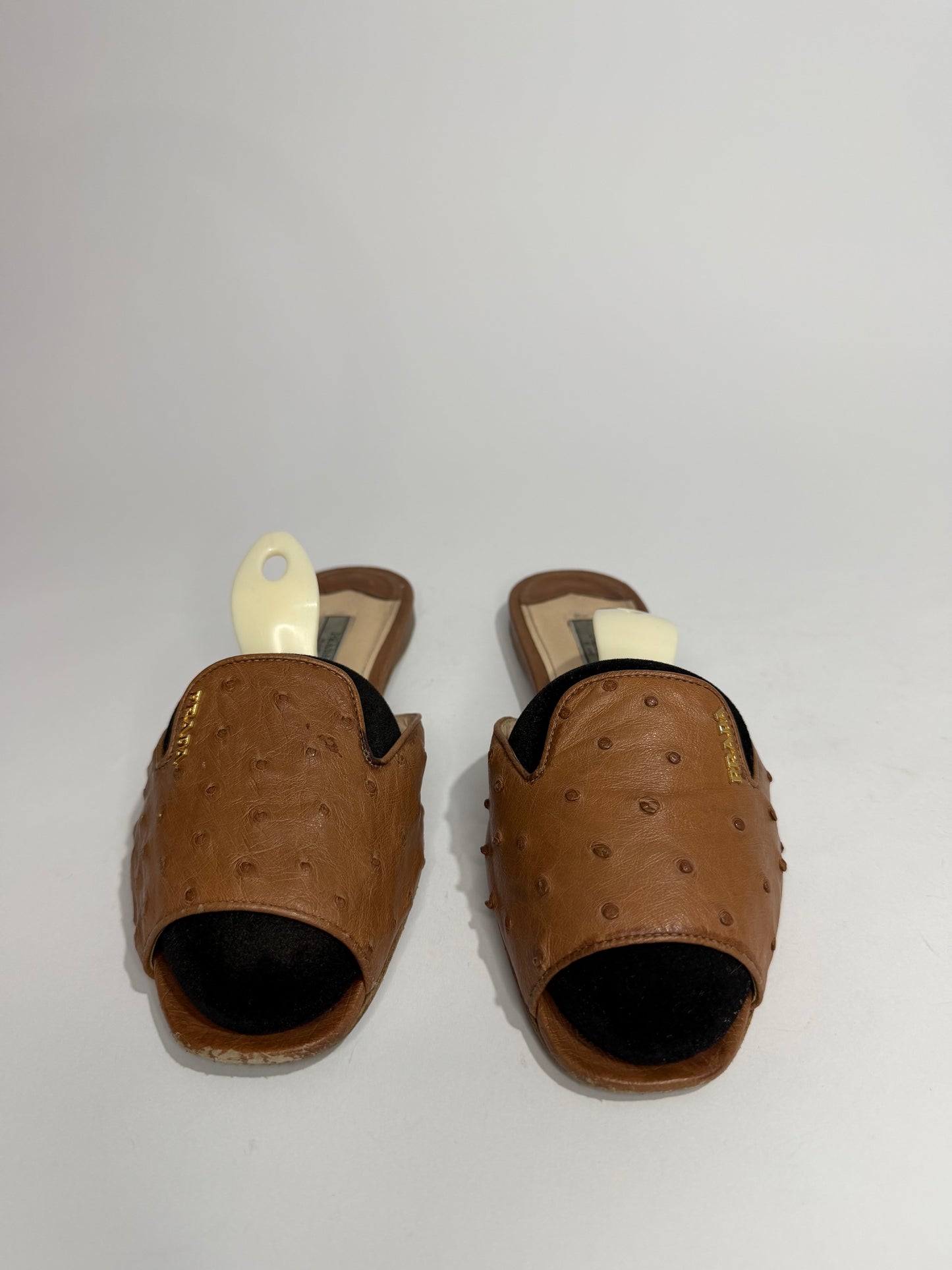 Prada Brown Ostrich Leather Flat Sandals Size 38.5 EU/8.5 US