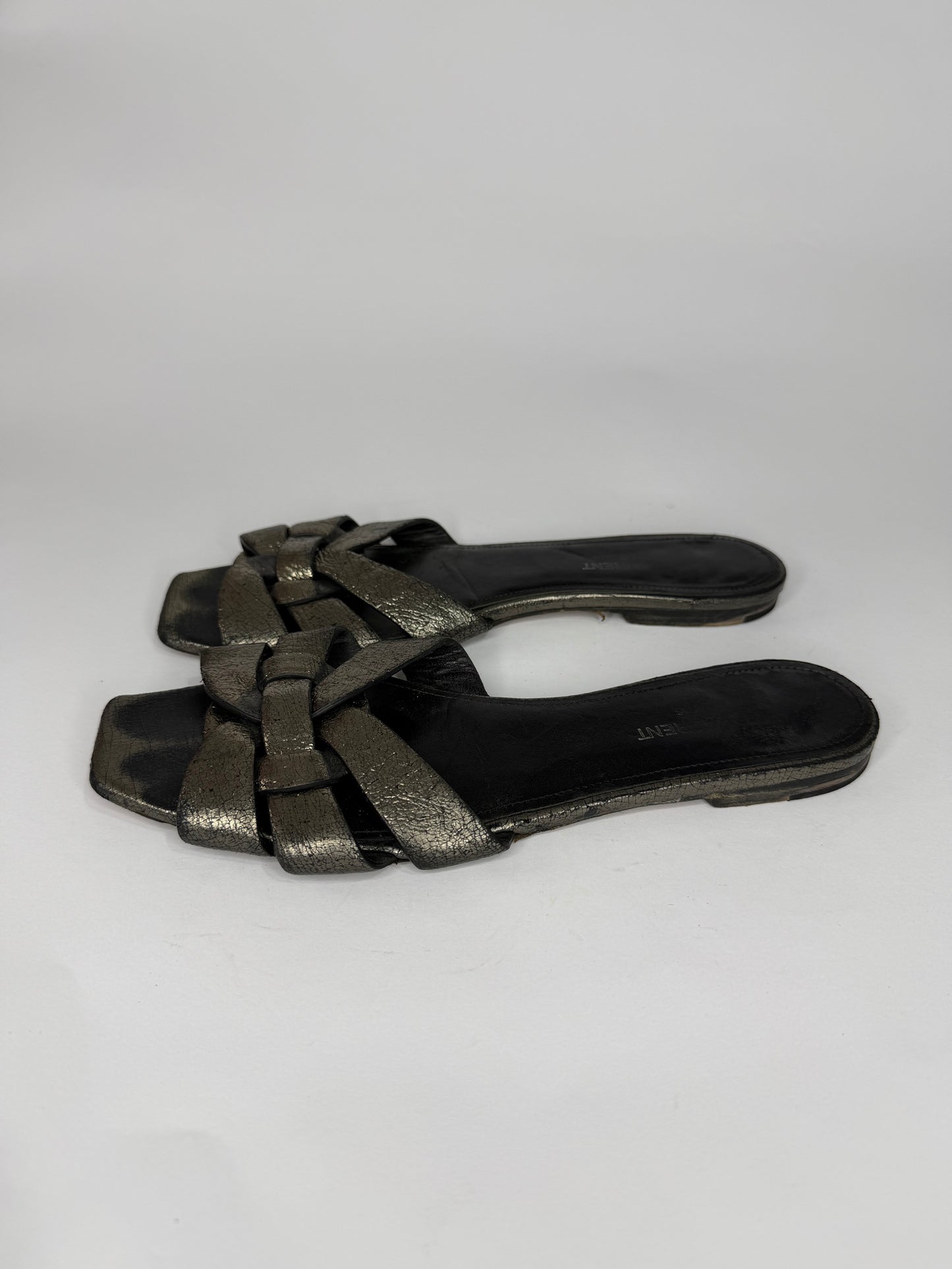 Saint Laurent Paris Silver Leather Tribute Flat Sandals Size 38.5 EU/ 8.5 US / 5.5 UK