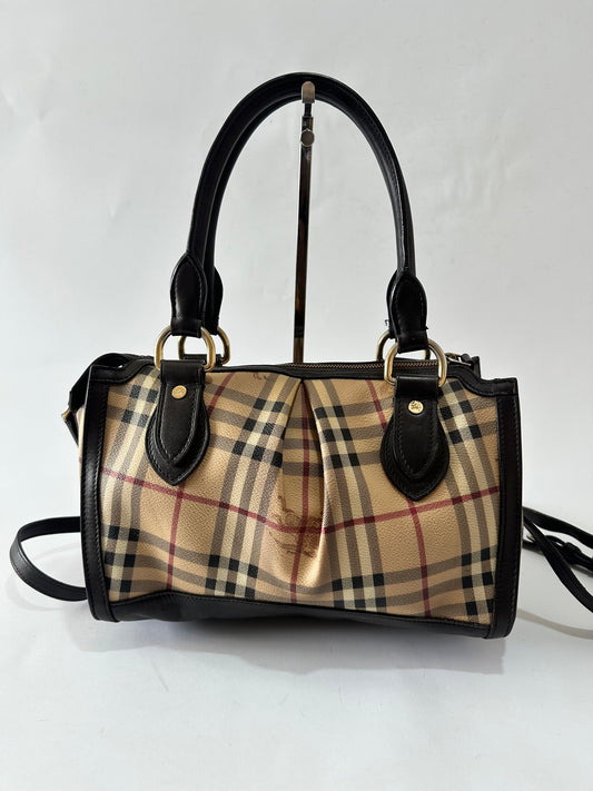 BURBERRY
Chocolate Leather Haymarket Check Coated Canvas Gladstone Bag