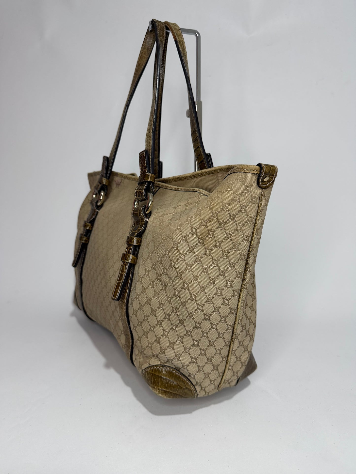 Celine Beige/Brown Macadam Canvas And Croc Embossed Tote