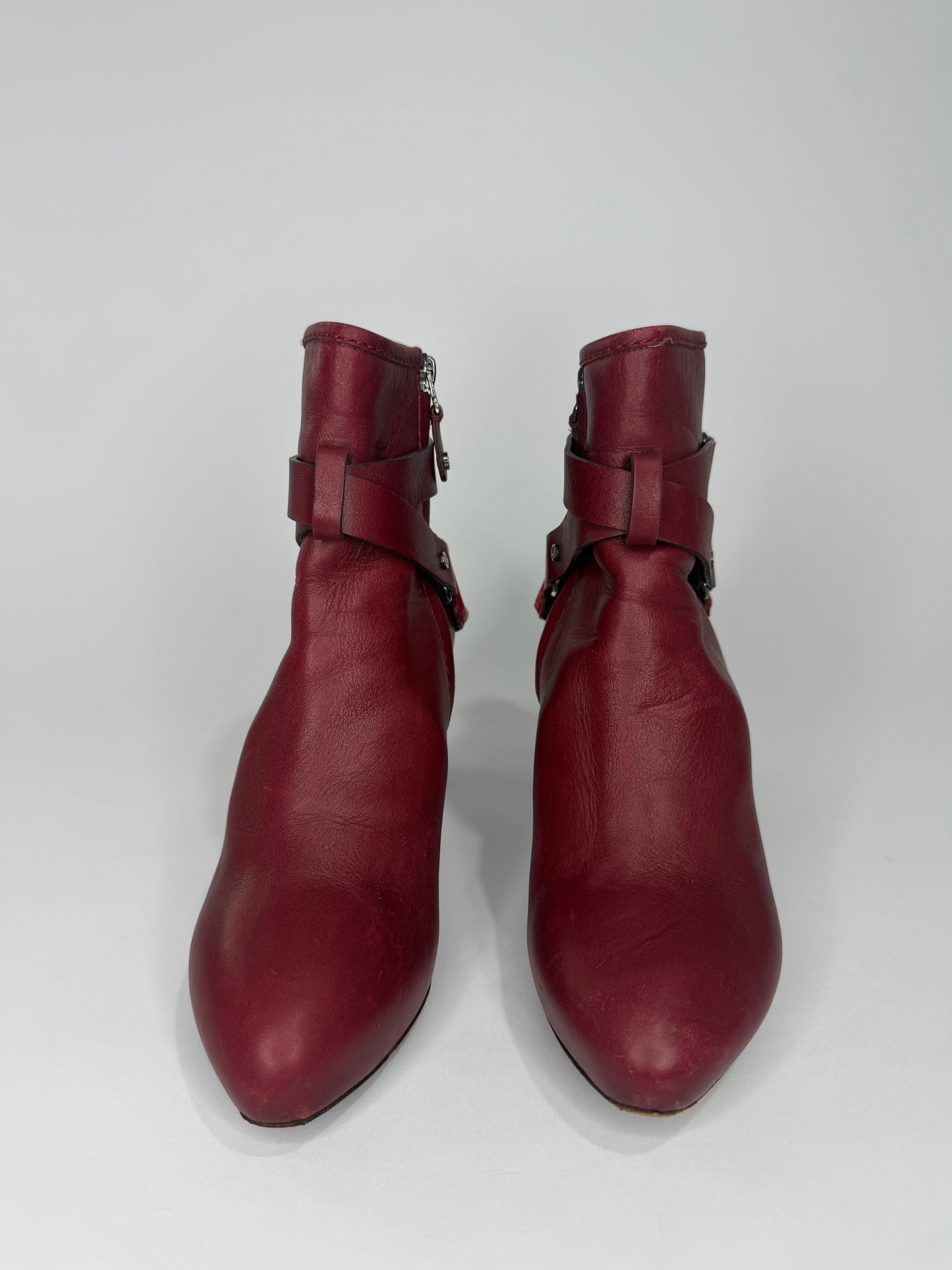 Celine Burgundy Leather Buckle Ankle Boots  Silver Hardware Size 38 EU/ 8 US / 5 UK