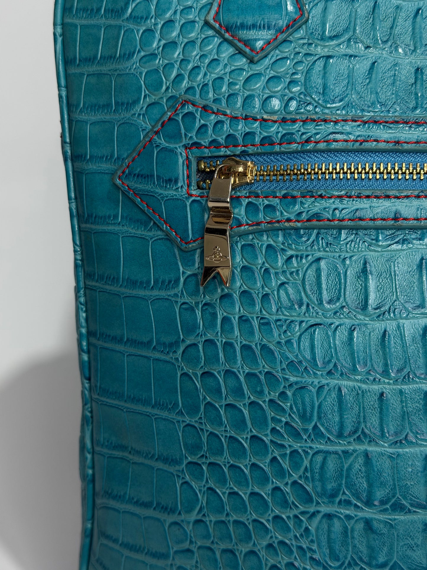 Vivienne Westwood Croc-Embossed Leather Top Handle Bag – Teal Blue Orb Logo Satchel w/ Strap