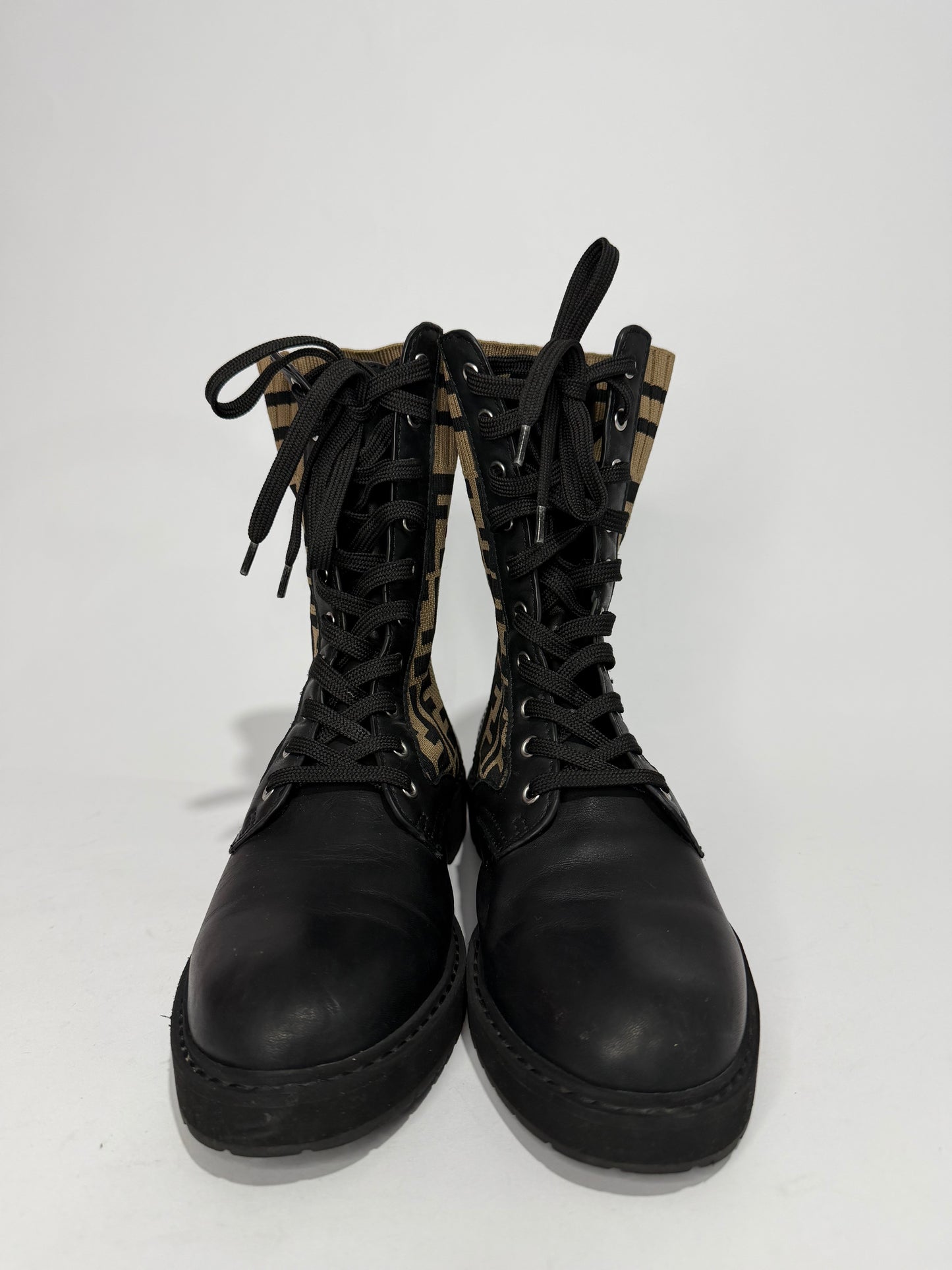 Fendi Black Canvas and Leather Rockoko Ankle Length Boots Size 37 EU