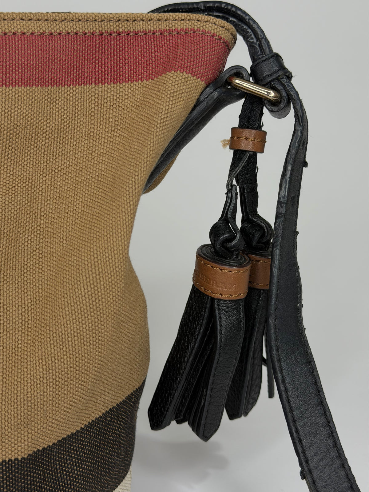 BURBERRY Canvas Mega Check Mini Ashby Tassel Crossbody Brown