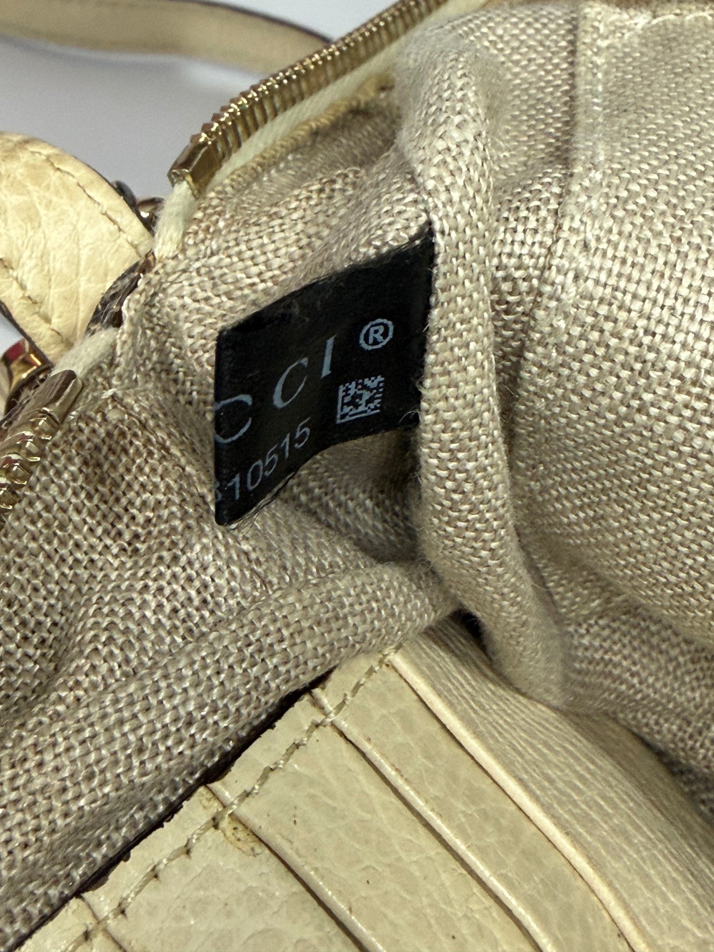 GUCCI
Monogram Dollar Calfskin Mini Bree Messenger Bag Beige Ebony Avoire