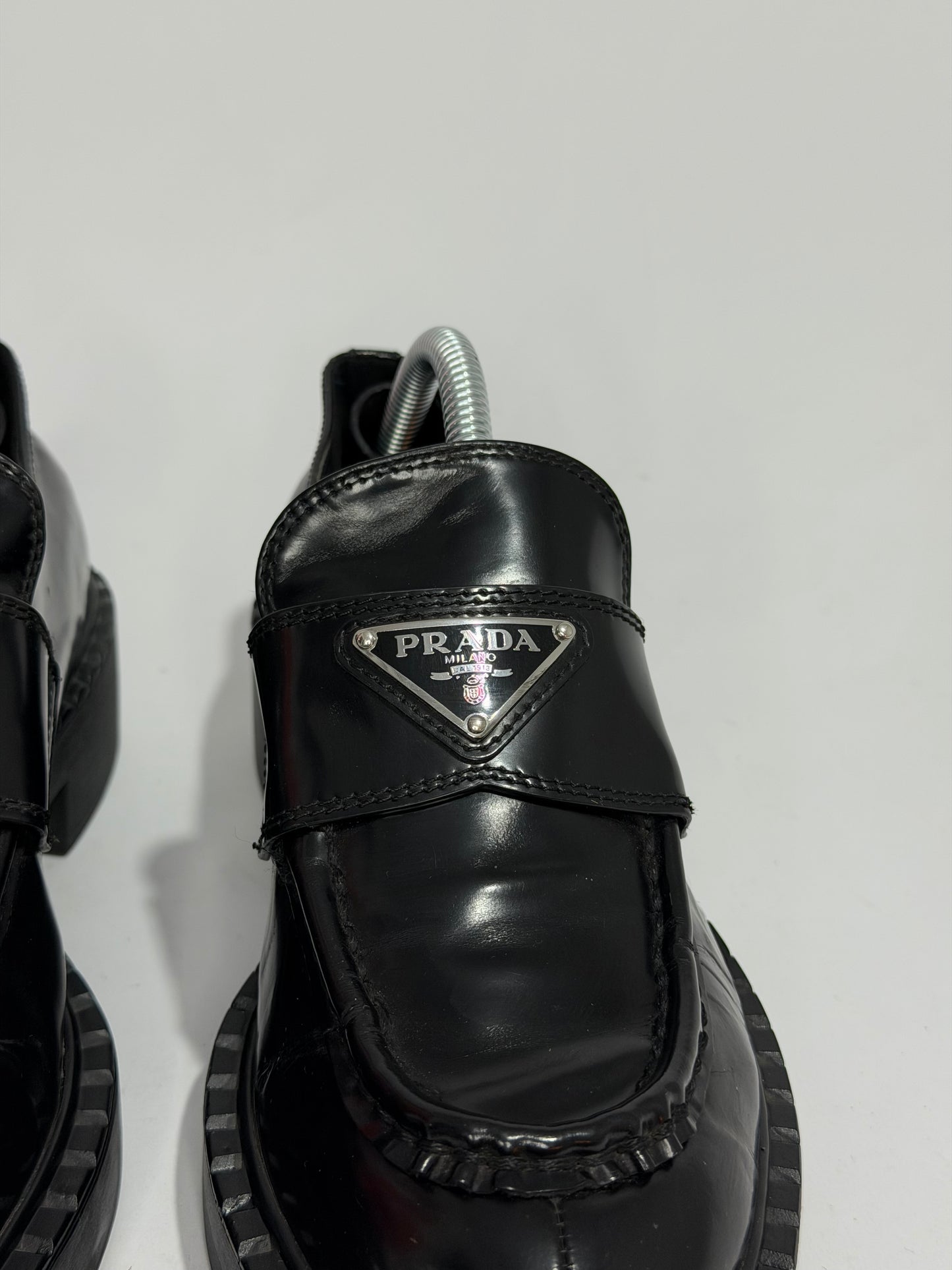 PRADA Vernice Metal Triangle Logo 50mm Loafers Size 36 EU/6 US/ 3UK