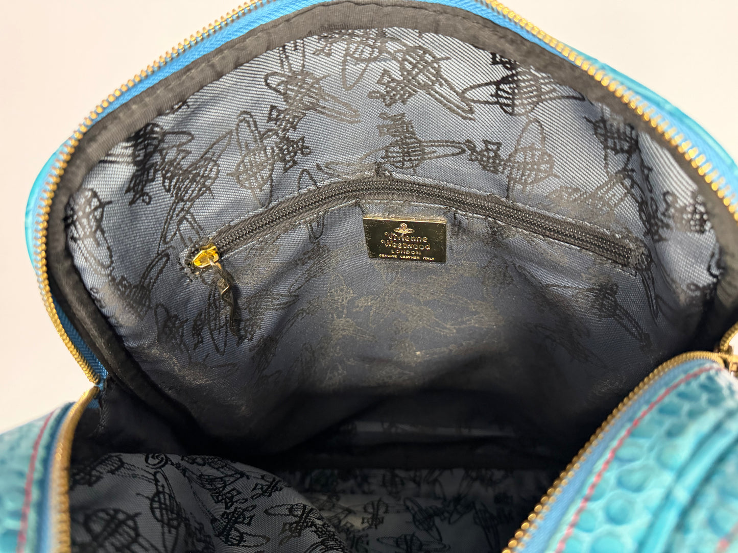 Vivienne Westwood Croc-Embossed Leather Top Handle Bag – Teal Blue Orb Logo Satchel w/ Strap