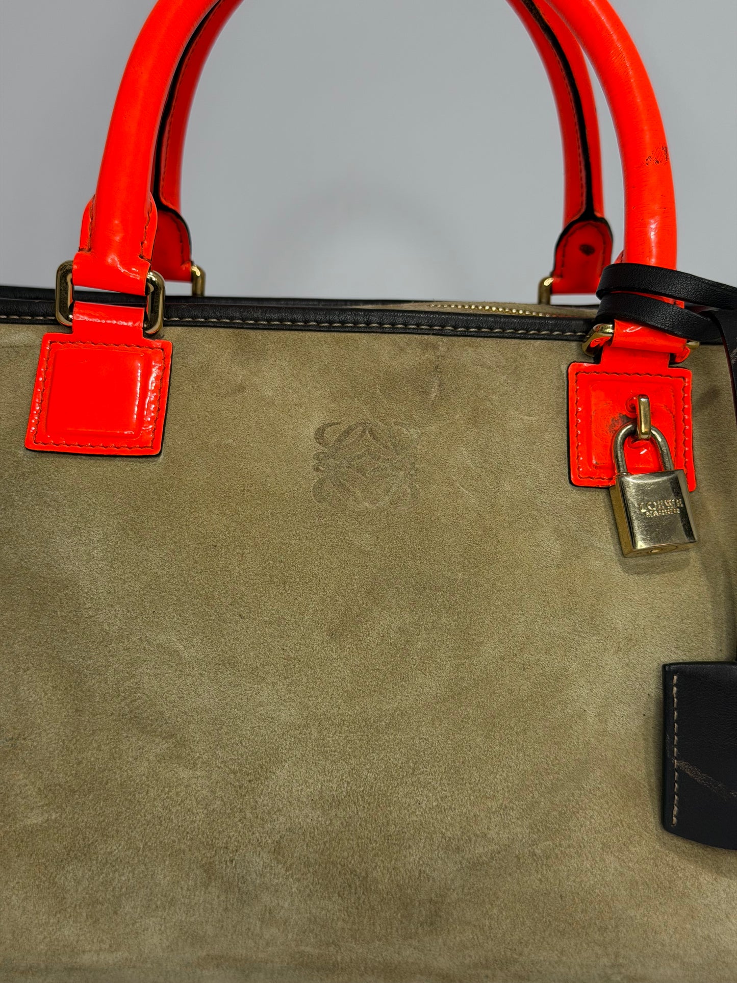 Loewe Amazona Suede & Leather Handbag Neon Orange Handles Beige Satchel Bag