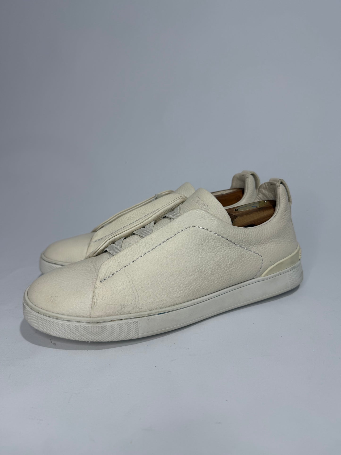 Ermenegildo Zegna Cream Leather triple stitch Slip On Sneakers Size 8 UK/ 9 US