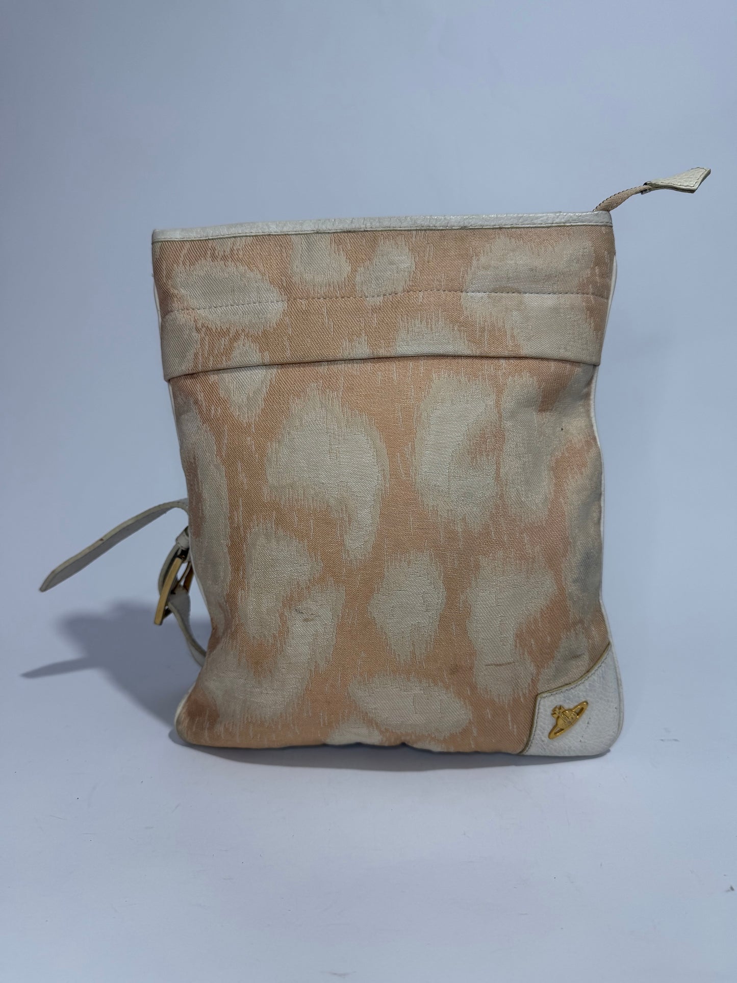 Vivienne Westwood Leopard Jacquard Crossbody Messenger Bag – Beige/Cream Canvas & White Leather