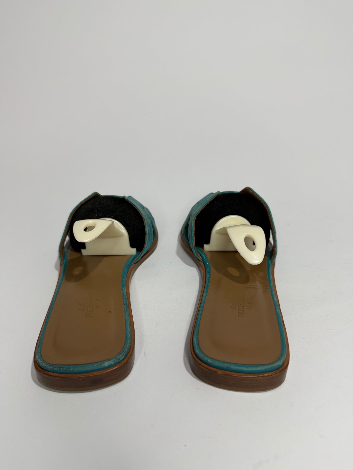 Hermès Oran H Cutout Slide Sandals Turquoise & Brown Leather Size 38.5 EU