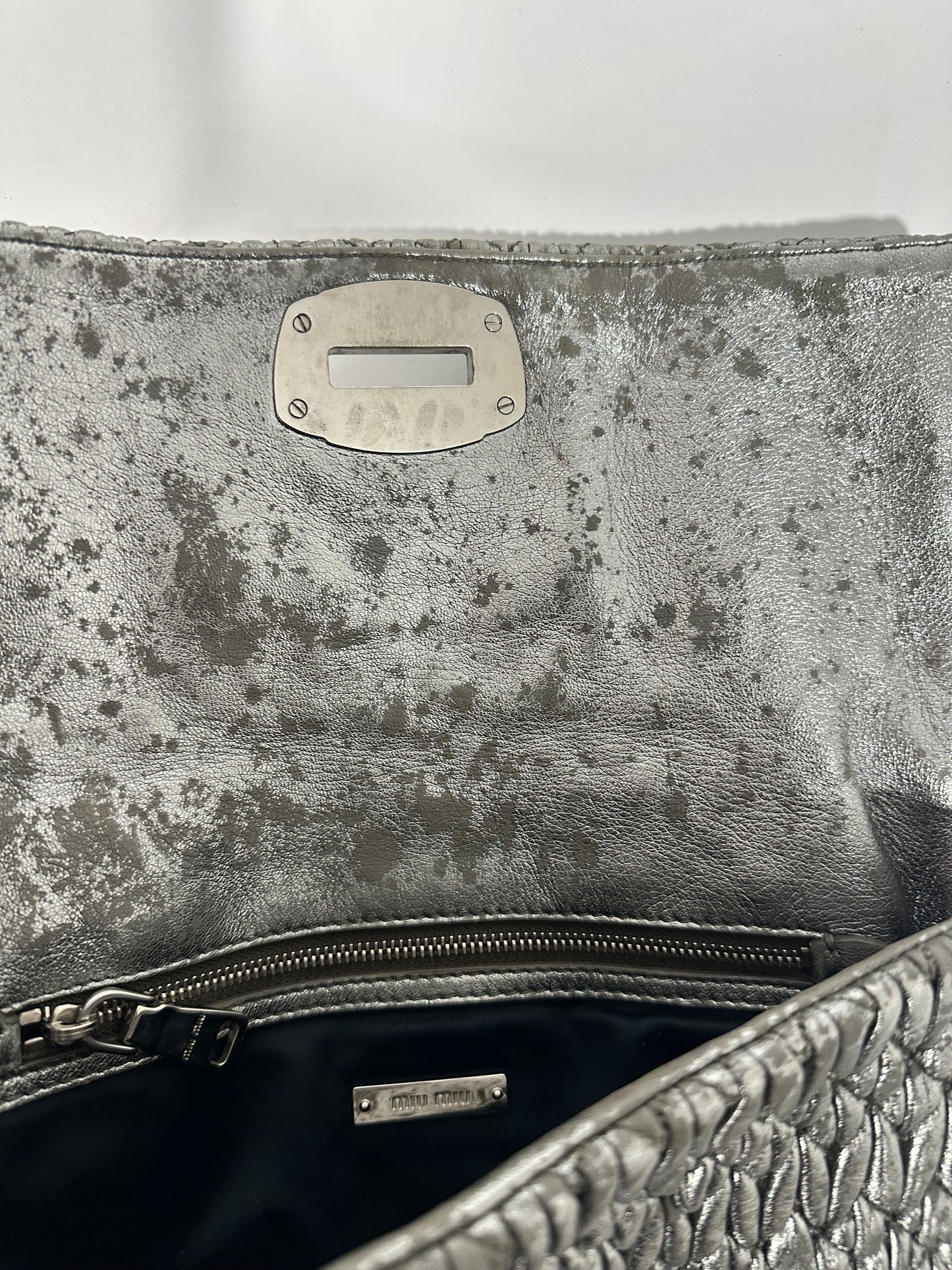 Miu Miu Silver Matelasse Leather Crystal Flap Shoulder Bag