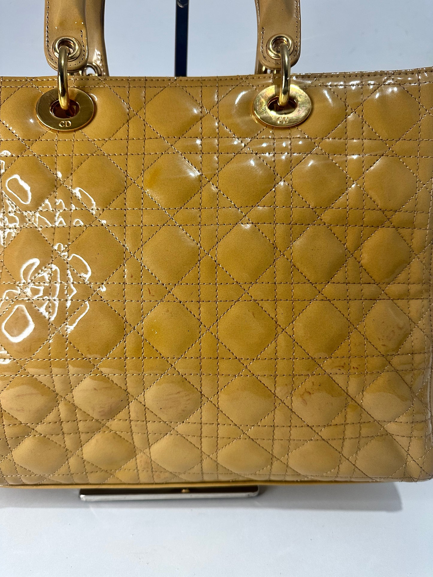 Dior Mustard Yellow Cannage Patent Leather Large Lady Dior Tote