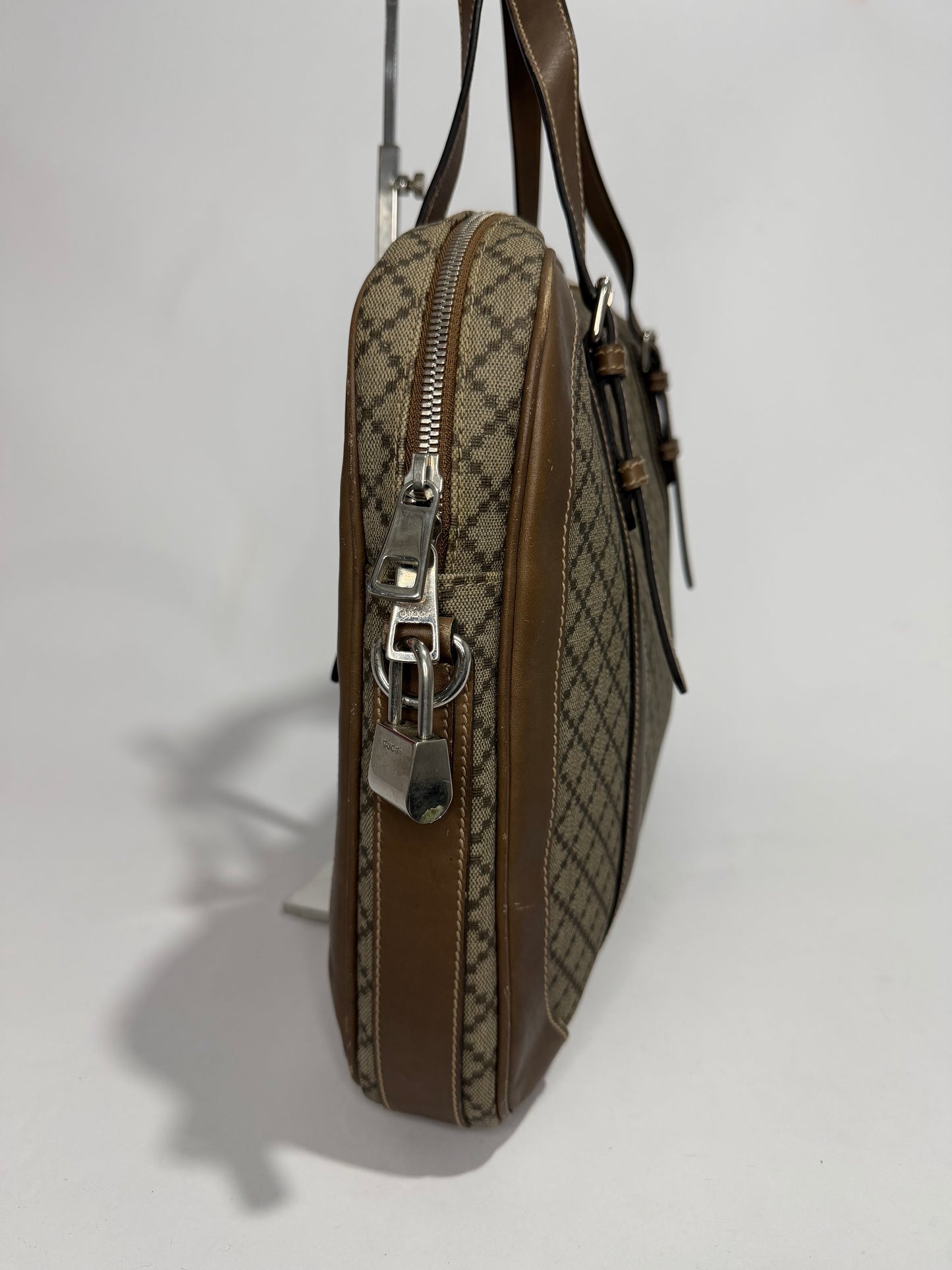 Gucci Beige/Tan Diamante Canvas and Leather Zip Pocket Briefcase