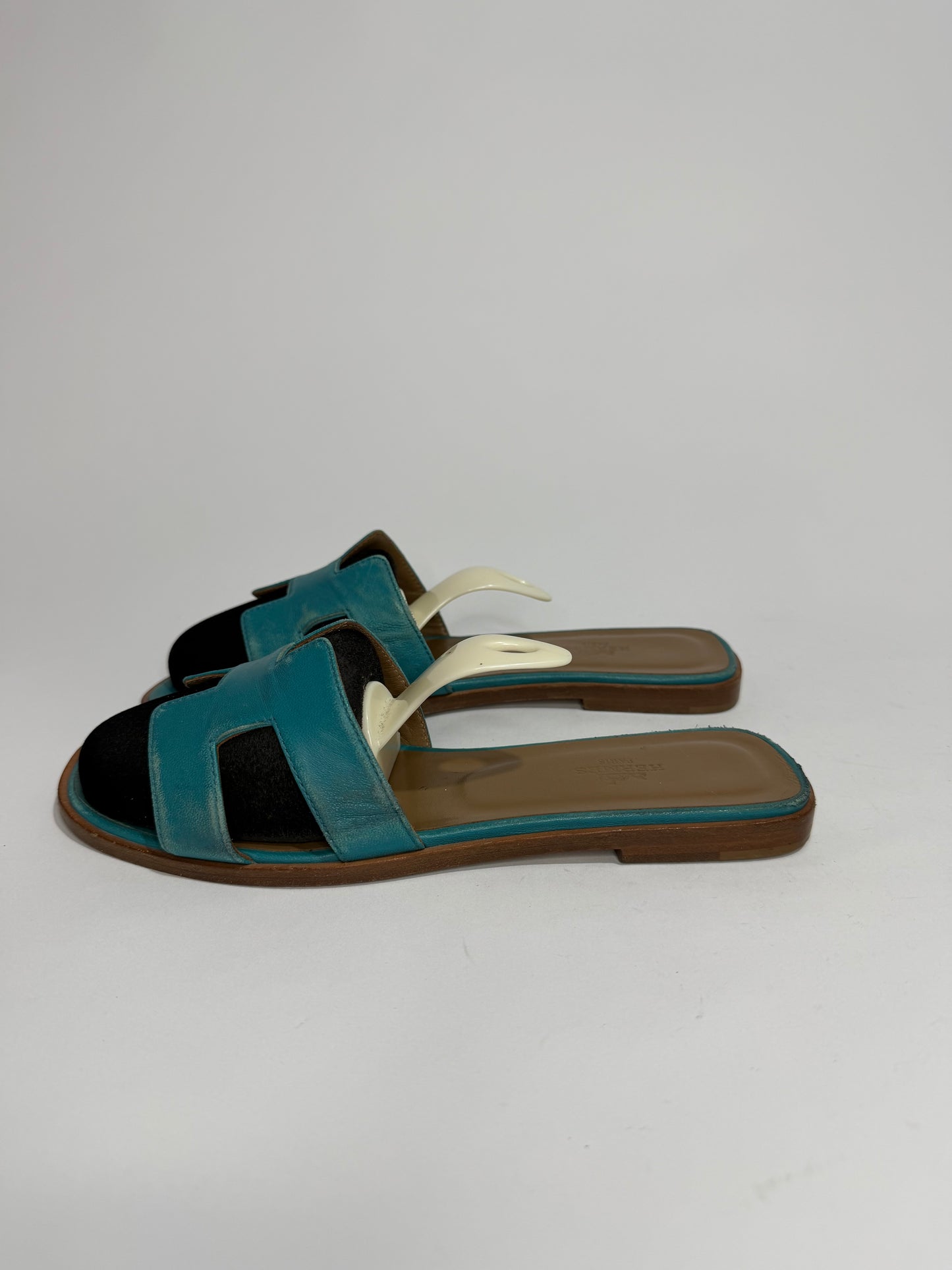 Hermès Oran H Cutout Slide Sandals Turquoise & Brown Leather Size 38.5 EU