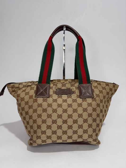 Gucci Beige/Brown GG Canvas and Leather Web Handle Tote