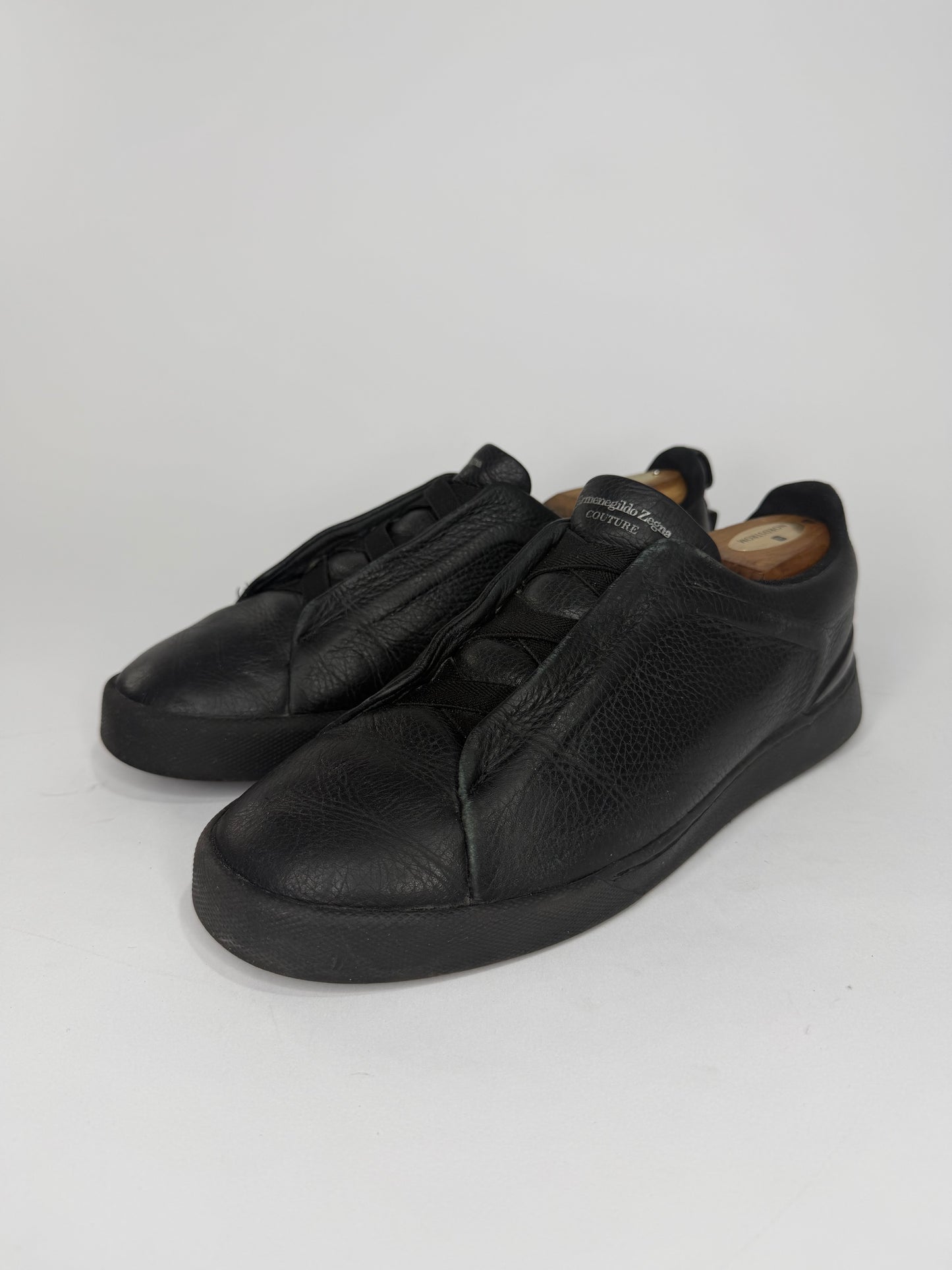 Ermenegildo Zegna Black Leather Triple Stitch Slip On Sneakers Size 6.5 UK/ 7.5 US