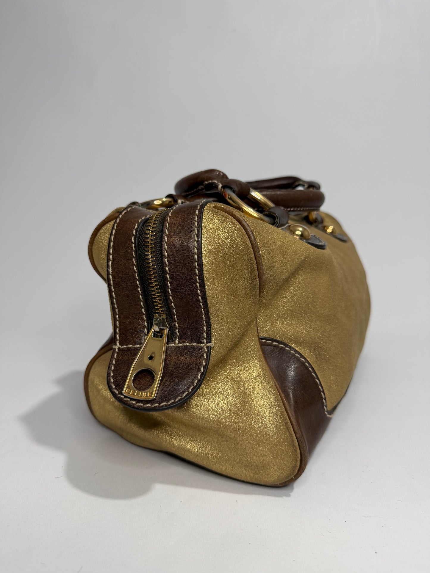 Vintage Céline Gold Metallic Leather Boston Handbag
